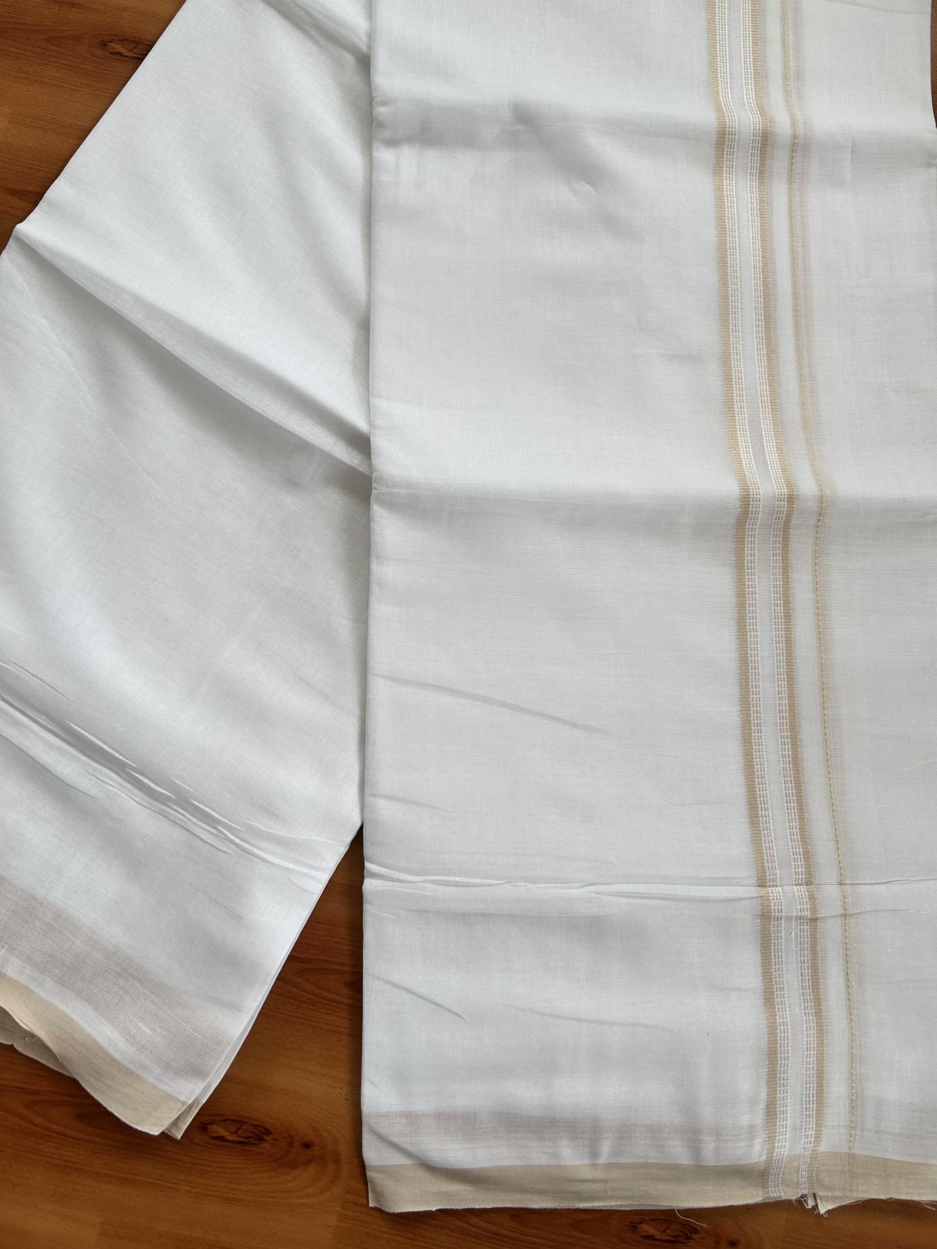 Double Pure White Mundu/Dothi - 20% Discount ! Kaitharikada Balaramapuram Cotton - 60s - 0.75 Inch Beige Striped Kara 3.90 mtr (8 muzham) - 13 KK5437 VAS
