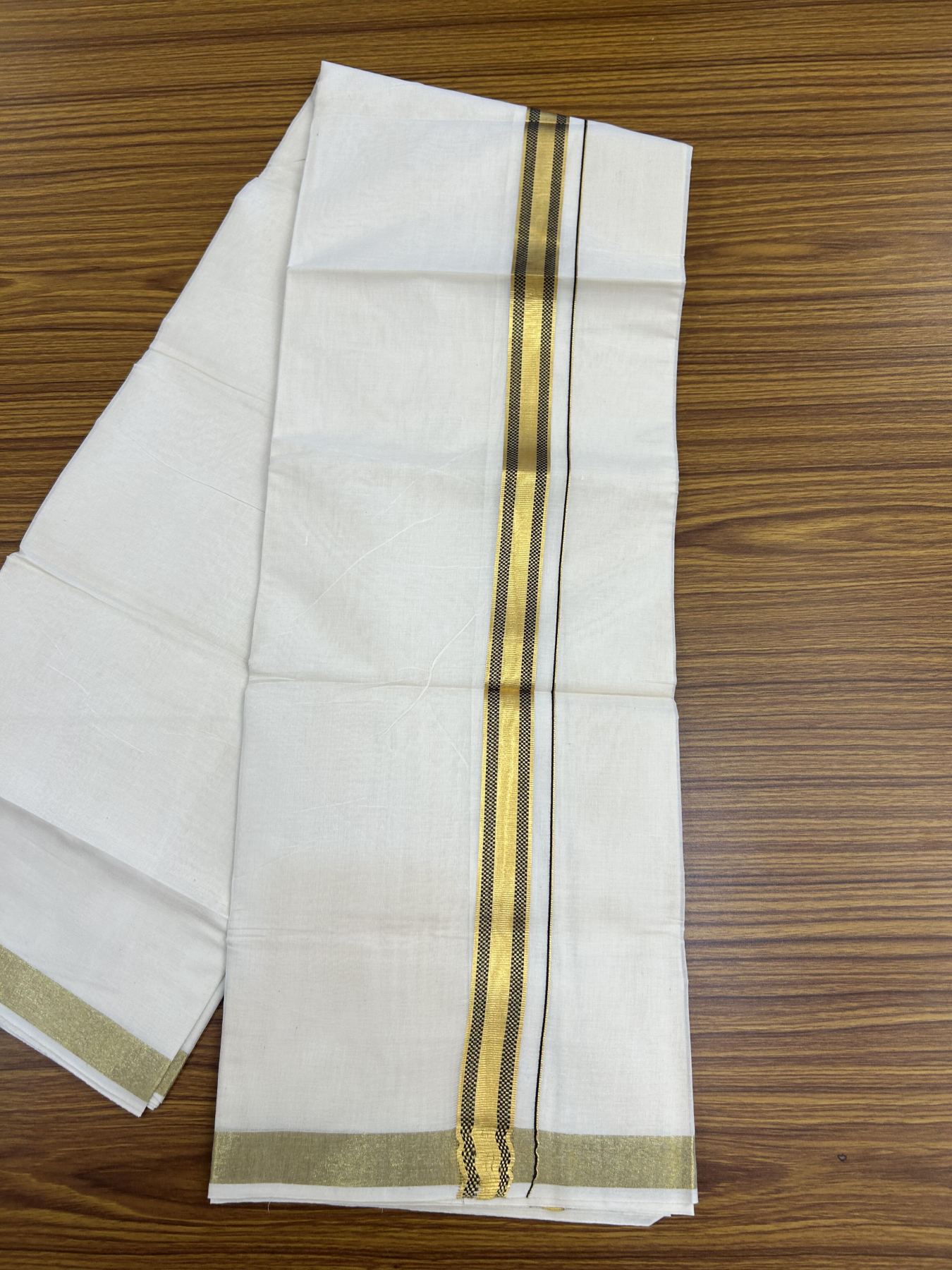 20% Discount! KaithariKada Balaramapuram 100% Cotton Double Off white - (Unbleached) - Mundu/Dhoti - 100x100 - 1 inch Gold Kasav & Dark Chocolate Brown Jacquard Design Kara 4 mtr (8.5 muzham) - 68 KK5357 VAS
