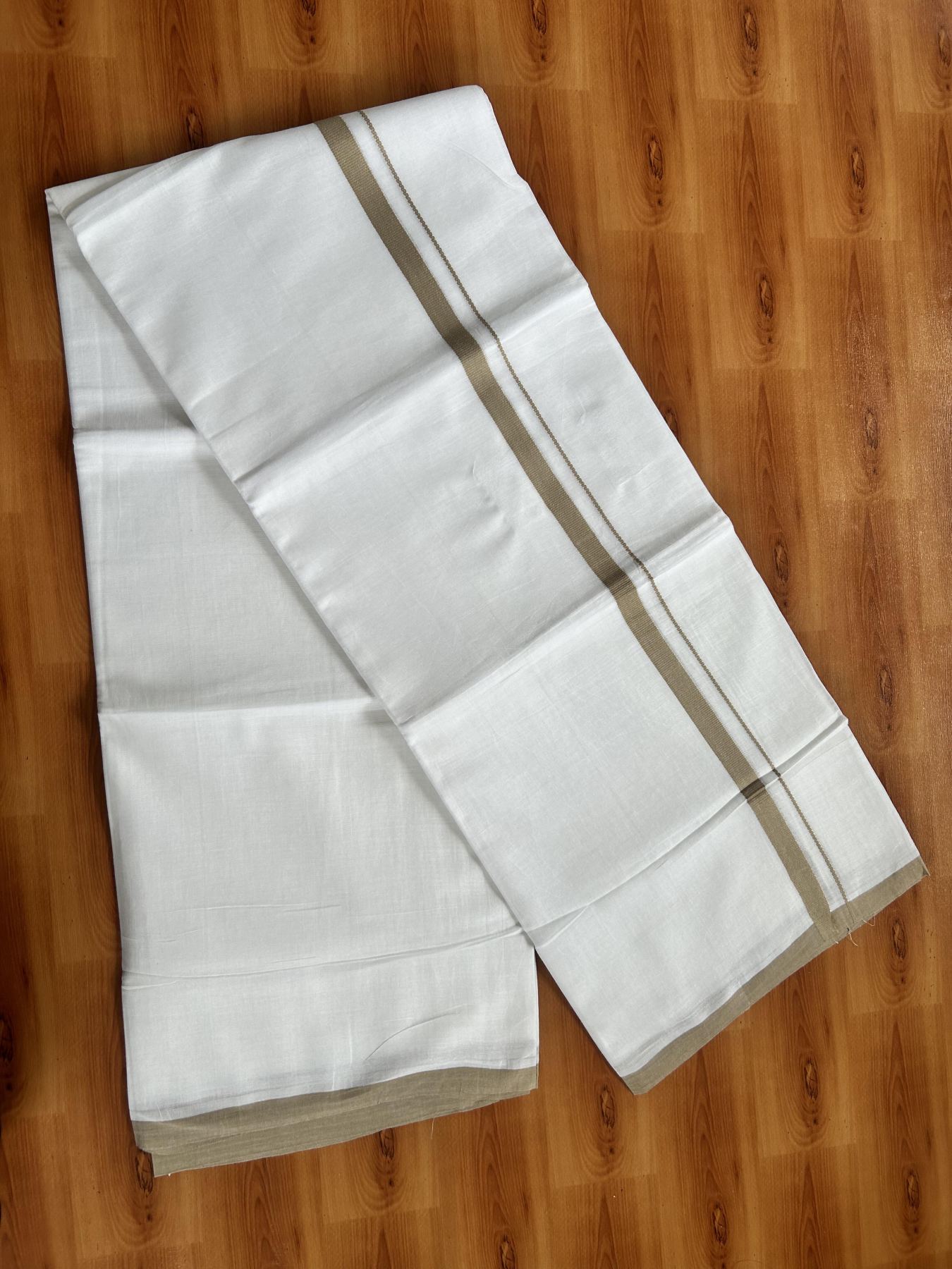 Double Pure White Mundu/Dothi - 20% Discount ! Kaitharikada Balaramapuram Cotton - 60s - 0.75 Inch Sand Brown Kara 3.90 mtr (8 muzham) - 28 KK5437 VAS