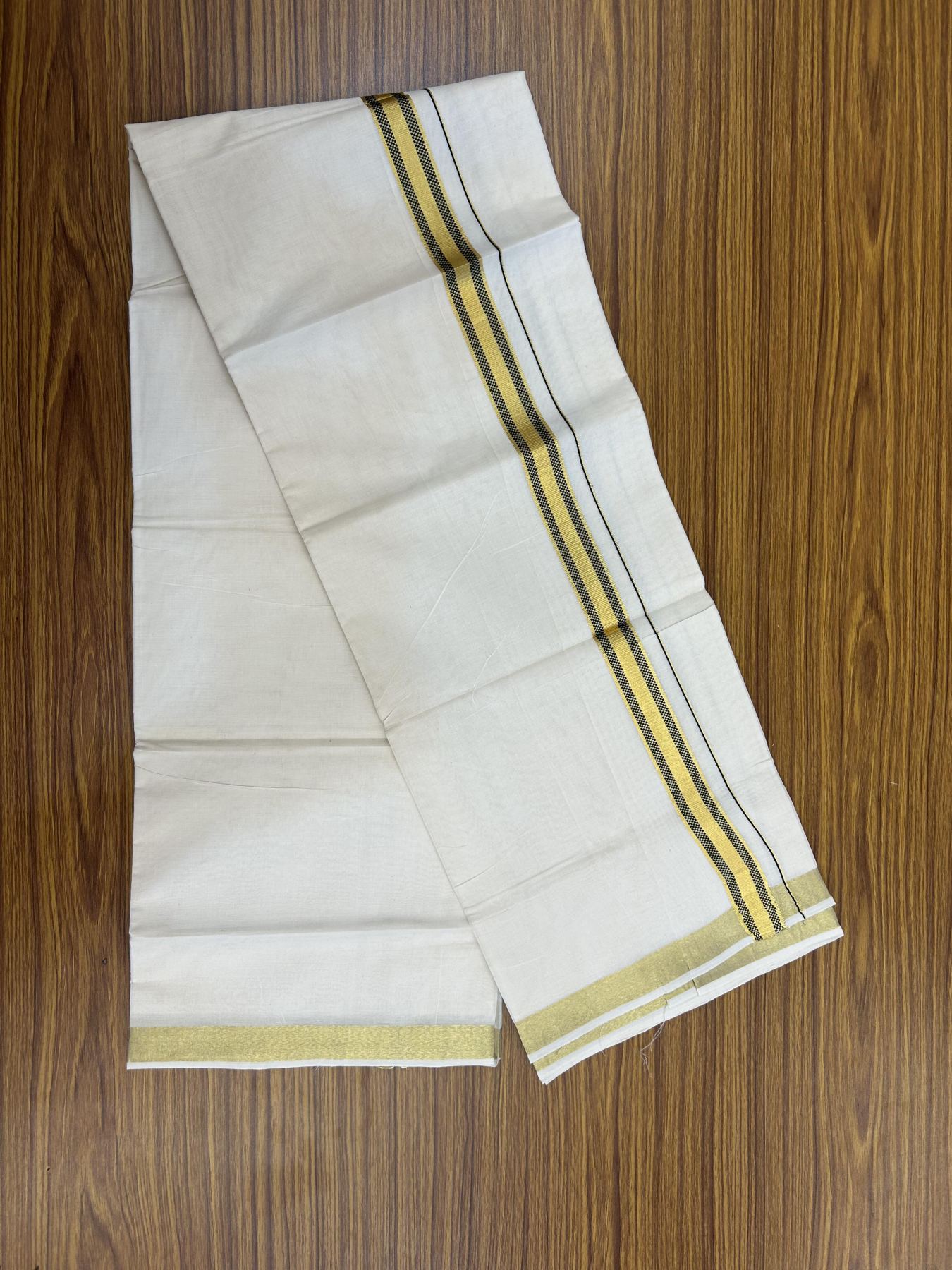 20% Discount! KaithariKada Balaramapuram 100% Cotton Double Off white - (Unbleached) - Mundu/Dhoti - 100x100 - 1 inch Gold Kasav & Dark Green Jacquard Design Kara 4 mtr (8.5 muzham) - 71 KK5357 VAS
