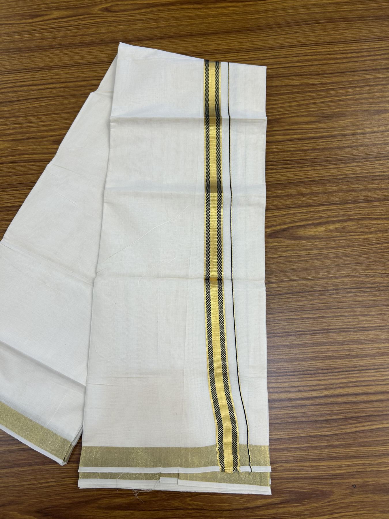 20% Discount! KaithariKada Balaramapuram 100% Cotton Double Off white - (Unbleached) - Mundu/Dhoti - 100x100 - 1 inch Gold Kasav & Dark Green Jacquard Design Kara 4 mtr (8.5 muzham) - 71 KK5357 VAS