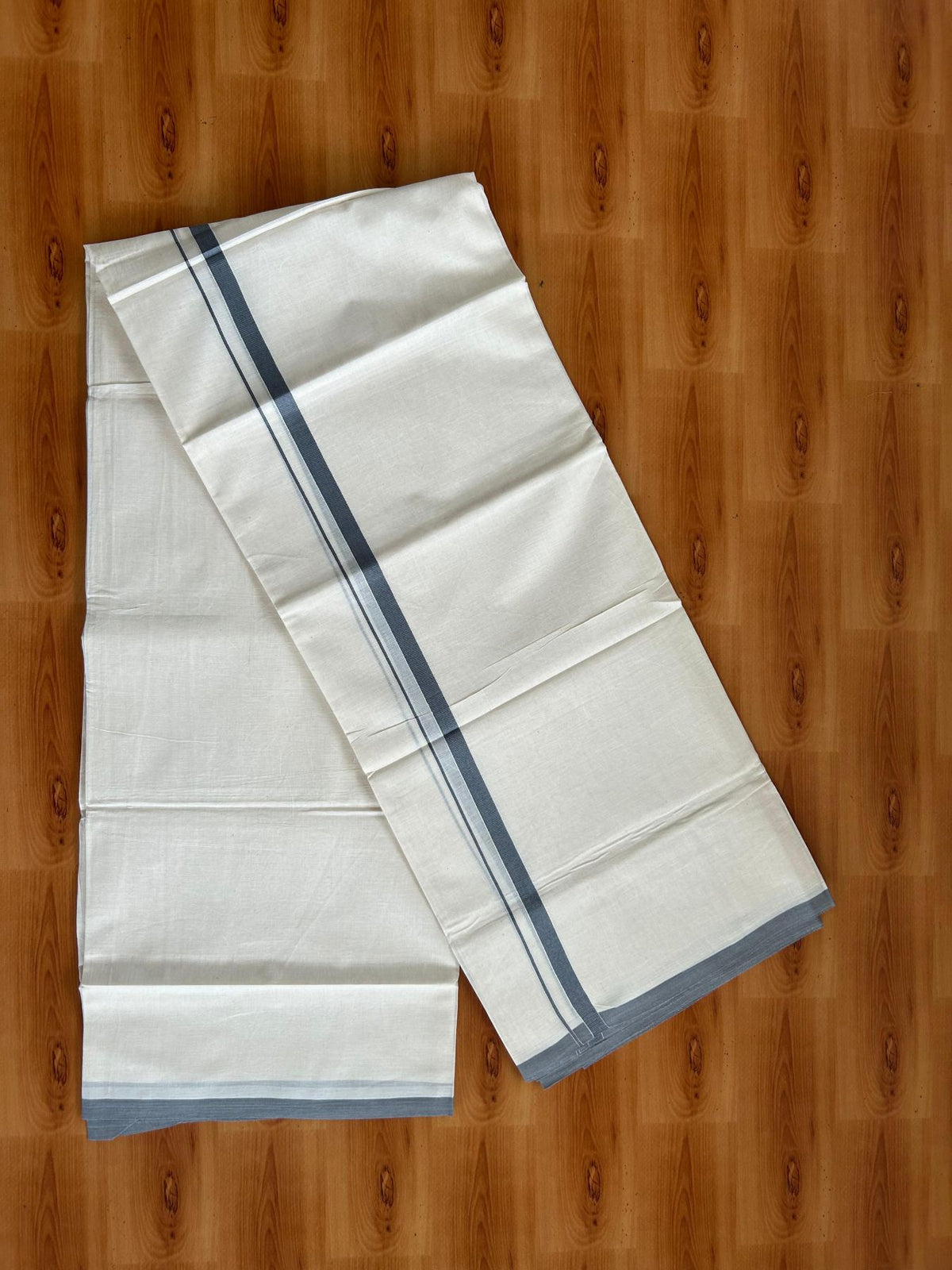 Double Off White (Unbleached) Mundu/Dhoti - 20% Discount!! KaithariKada Pulimood 100% Cotton 80s - 0.5 inch Puliyilakkara Ash Grey colour Kara - 3.90 mtr (8.5 muzham) - 24 KK5548 VAS