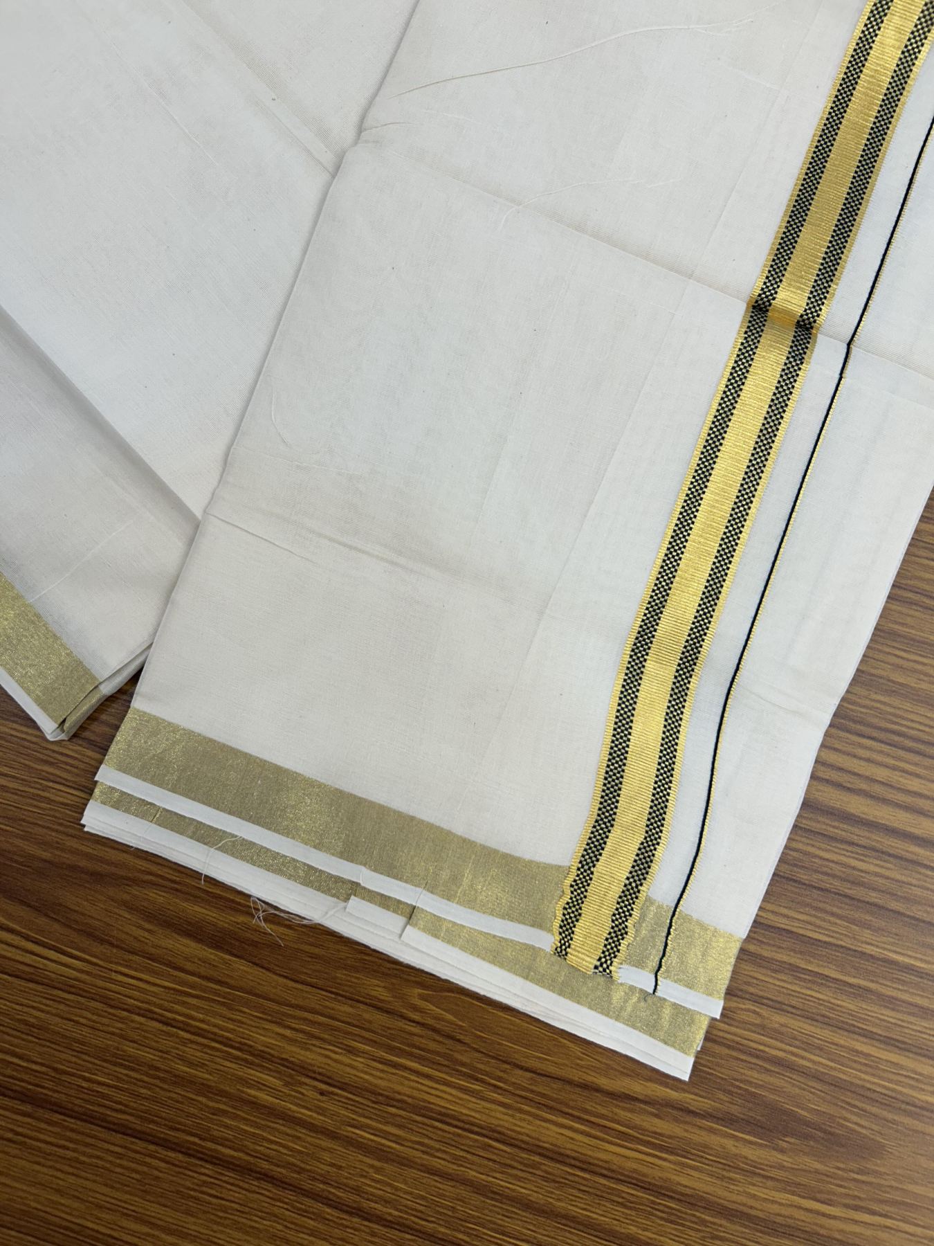 20% Discount! KaithariKada Balaramapuram 100% Cotton Double Off white - (Unbleached) - Mundu/Dhoti - 100x100 - 1 inch Gold Kasav & Dark Green Jacquard Design Kara 4 mtr (8.5 muzham) - 71 KK5357 VAS