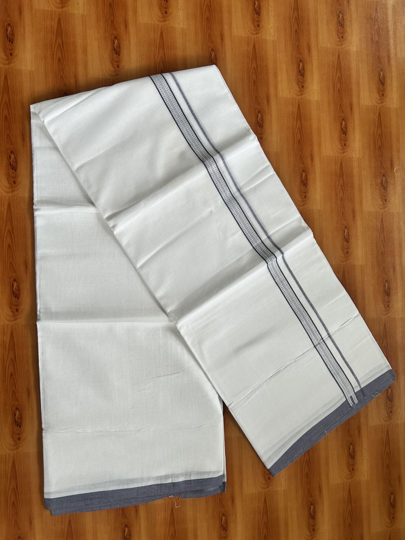 Double Pure White Mundu/Dothi - 20% Discount ! Kaitharikada Balaramapuram Cotton - 60s - 0.75 Inch Ash Lavender Striped Kara 3.90 mtr (8 muzham) - 22 KK5437 VAS