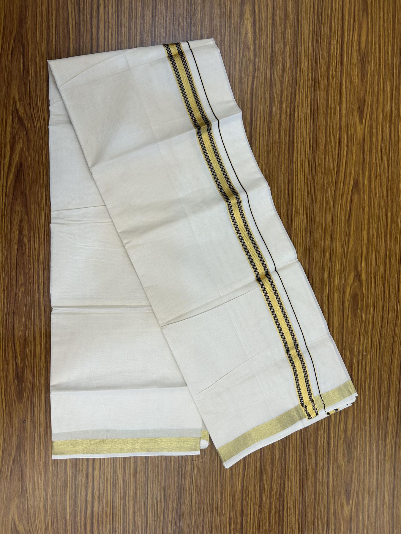 20% Discount! KaithariKada Balaramapuram 100% Cotton Double Off white - (Unbleached) - Mundu/Dhoti - 100x100 - 1 inch Gold Kasav & Dark Navy Blue Jacquard Design Kara 4 mtr (8.5 muzham) - 67 KK5357 VAS