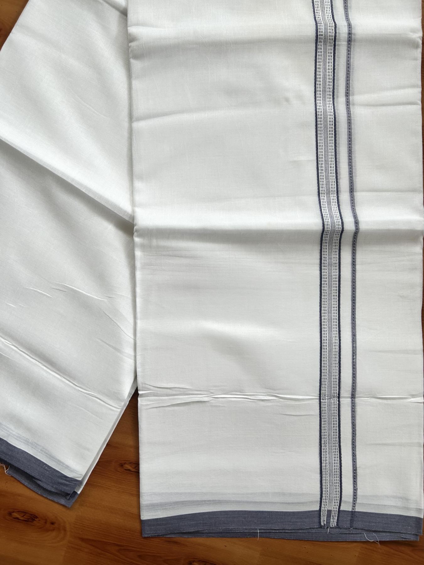 Double Pure White Mundu/Dothi - 20% Discount ! Kaitharikada Balaramapuram Cotton - 60s - 0.75 Inch Ash Lavender Striped Kara 3.90 mtr (8 muzham) - 22 KK5437 VAS