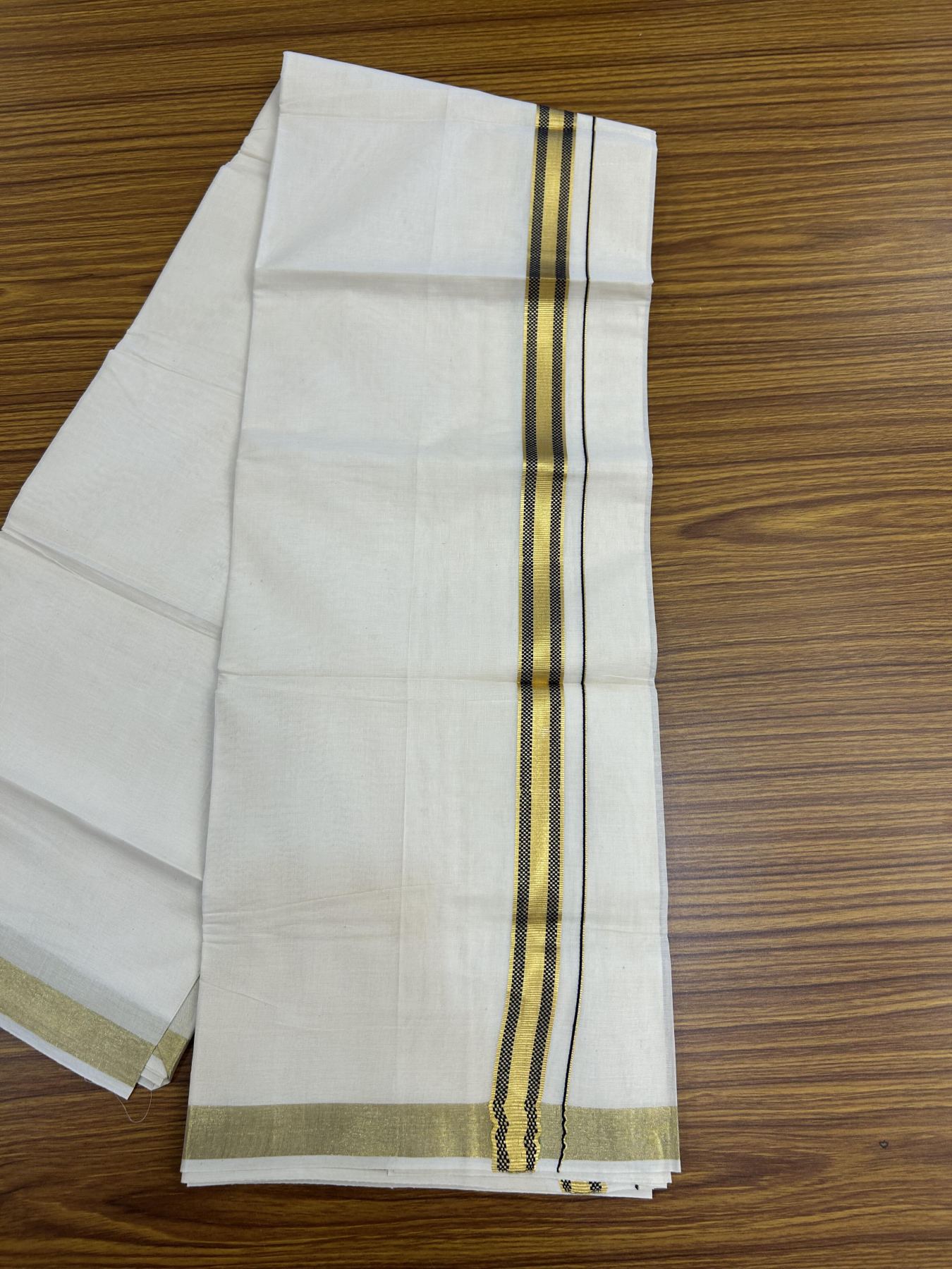 20% Discount! KaithariKada Balaramapuram 100% Cotton Double Off white - (Unbleached) - Mundu/Dhoti - 100x100 - 1 inch Gold Kasav & Dark Navy Blue Jacquard Design Kara 4 mtr (8.5 muzham) - 67 KK5357 VAS
