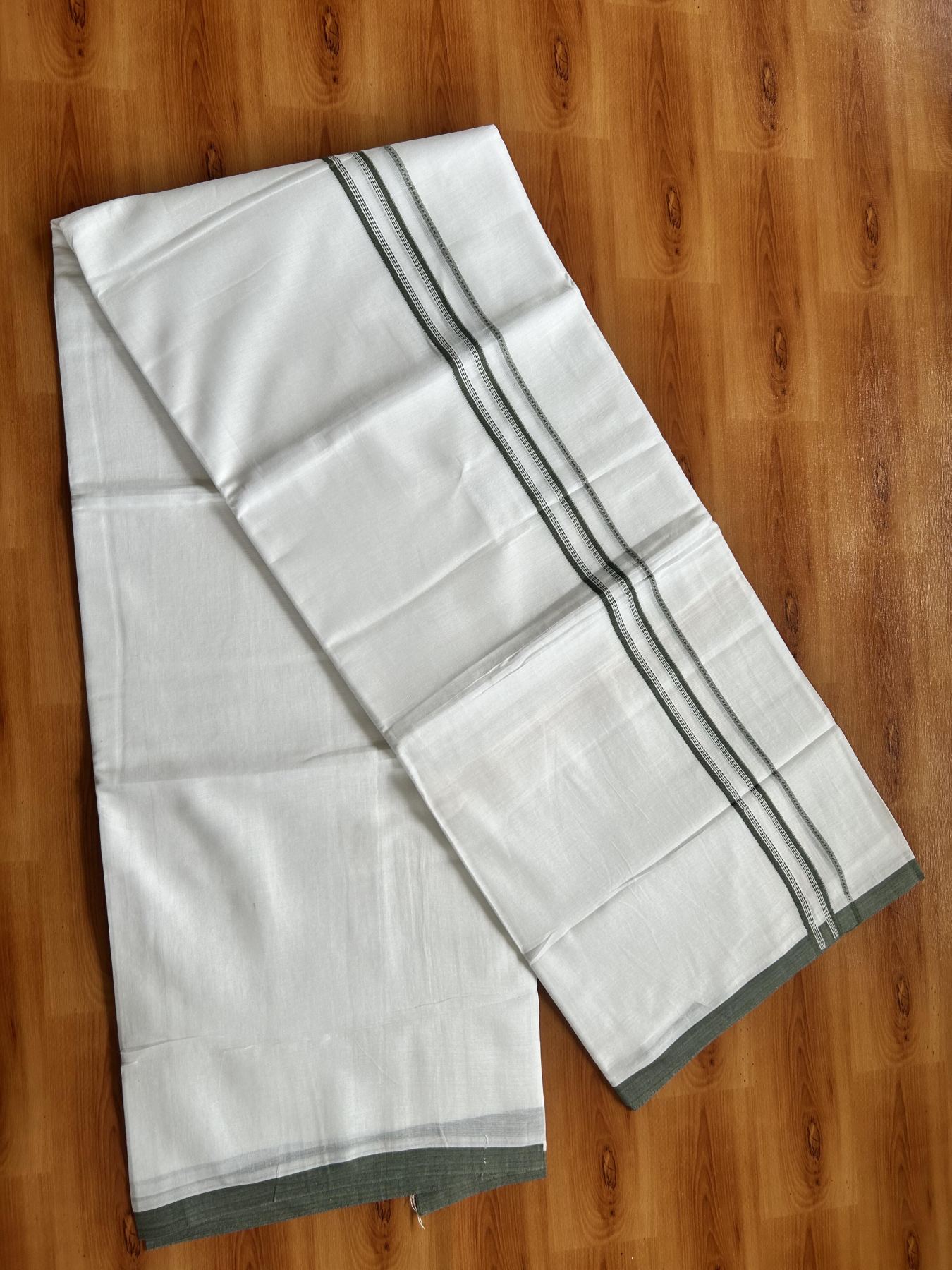 Double Pure White Mundu/Dothi - 20% Discount ! Kaitharikada Balaramapuram Cotton - 60s - 0.75 Inch Sage Green Striped Kara 3.90 mtr (8 muzham) - 23 KK5437 VAS