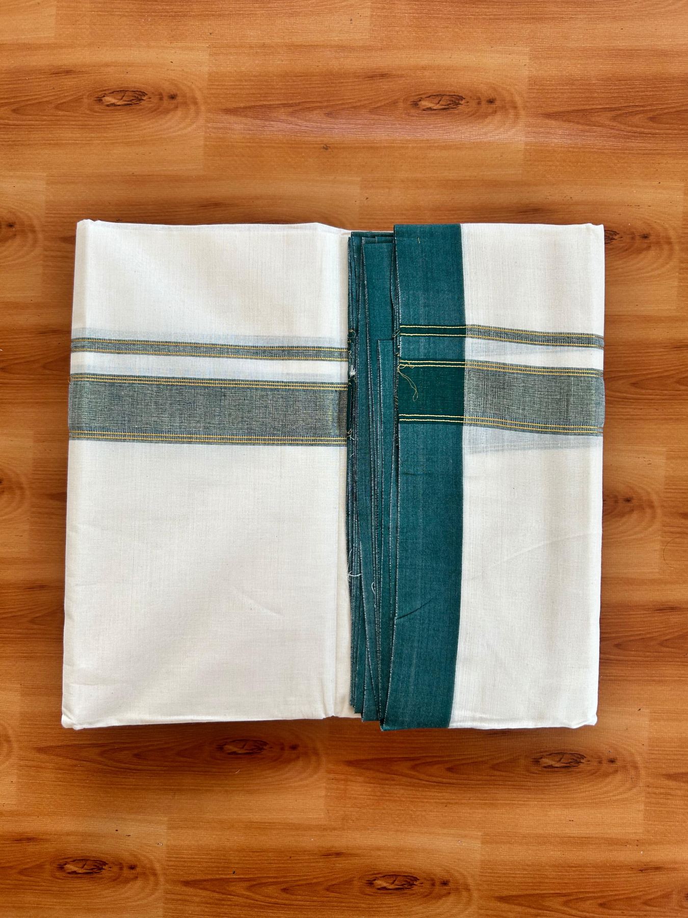 Double Off White (Unbleached) Mundu/Dhoti - 20% Discount! Kaitharikada Pure Cotton - 80x80 - 1.25 Inch Dark Green & Gold Kasav shaded Kara 4 mtr (8.5 muzham) - 21 KK5497 MRH