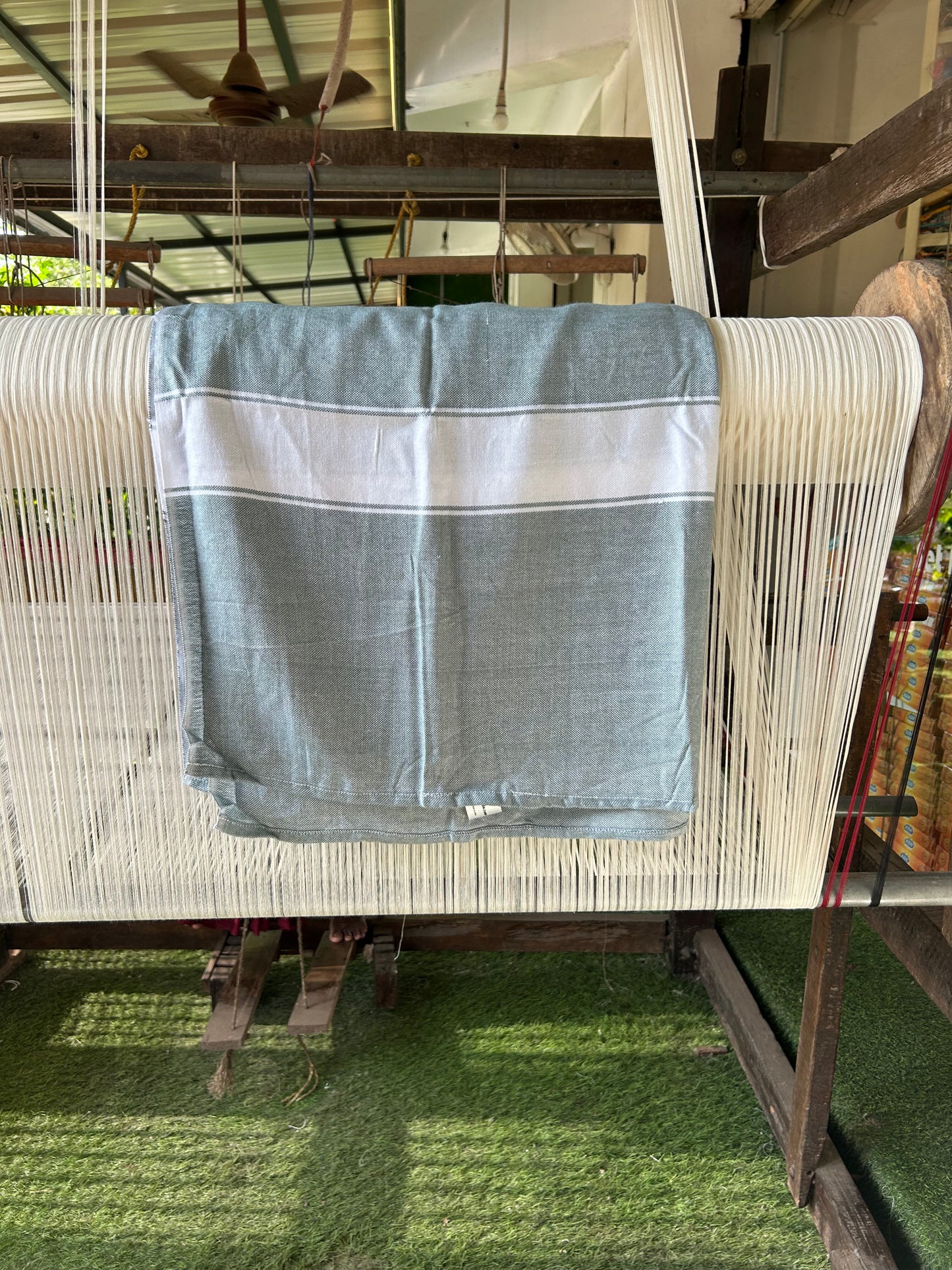 Bamboo Towel - Kaitharikada - 161 X 79 cm - 2.75 inch Border Pure Bamboo - White Striped Border with Green Colour Body -  6 KK51201 MR