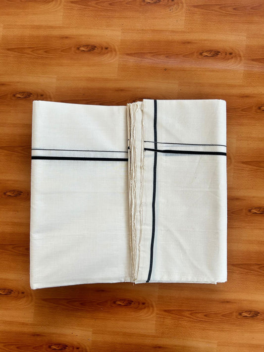 Double Off White (Unbleached) Mundu/Dhoti - 25% Discount!! KaithariKada Handloom Unakkupaav - 100% Pure Cotton - 100x80 - 0.5 cm Thin Black kara 3.80 meter (8 muzham) - 32 KK5498 REA