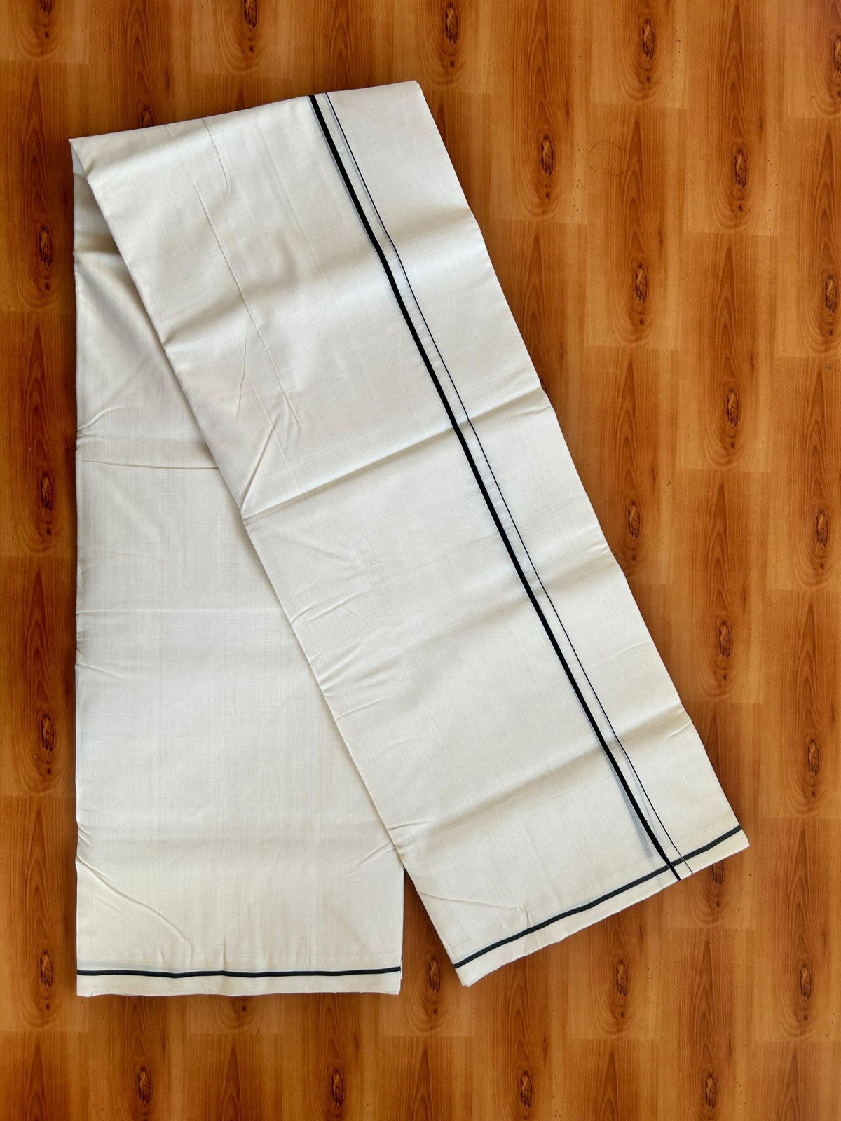 Double Off White (Unbleached) Mundu/Dhoti - 25% Discount!! KaithariKada Handloom Unakkupaav - 100% Pure Cotton - 100x80 - 0.5 cm Thin Black kara 3.80 meter (8 muzham) - 32 KK5498 REA