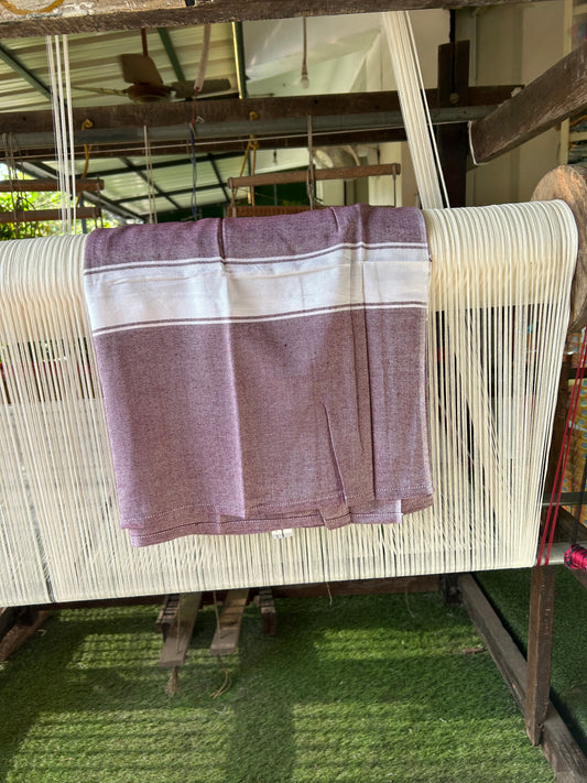 Bamboo Towel - Kaitharikada - 2.75 inch  Pure Bamboo - White Striped Border with Dark Maroon Colour Body - 1.61 X 79 cm - 8 KK51201 MR