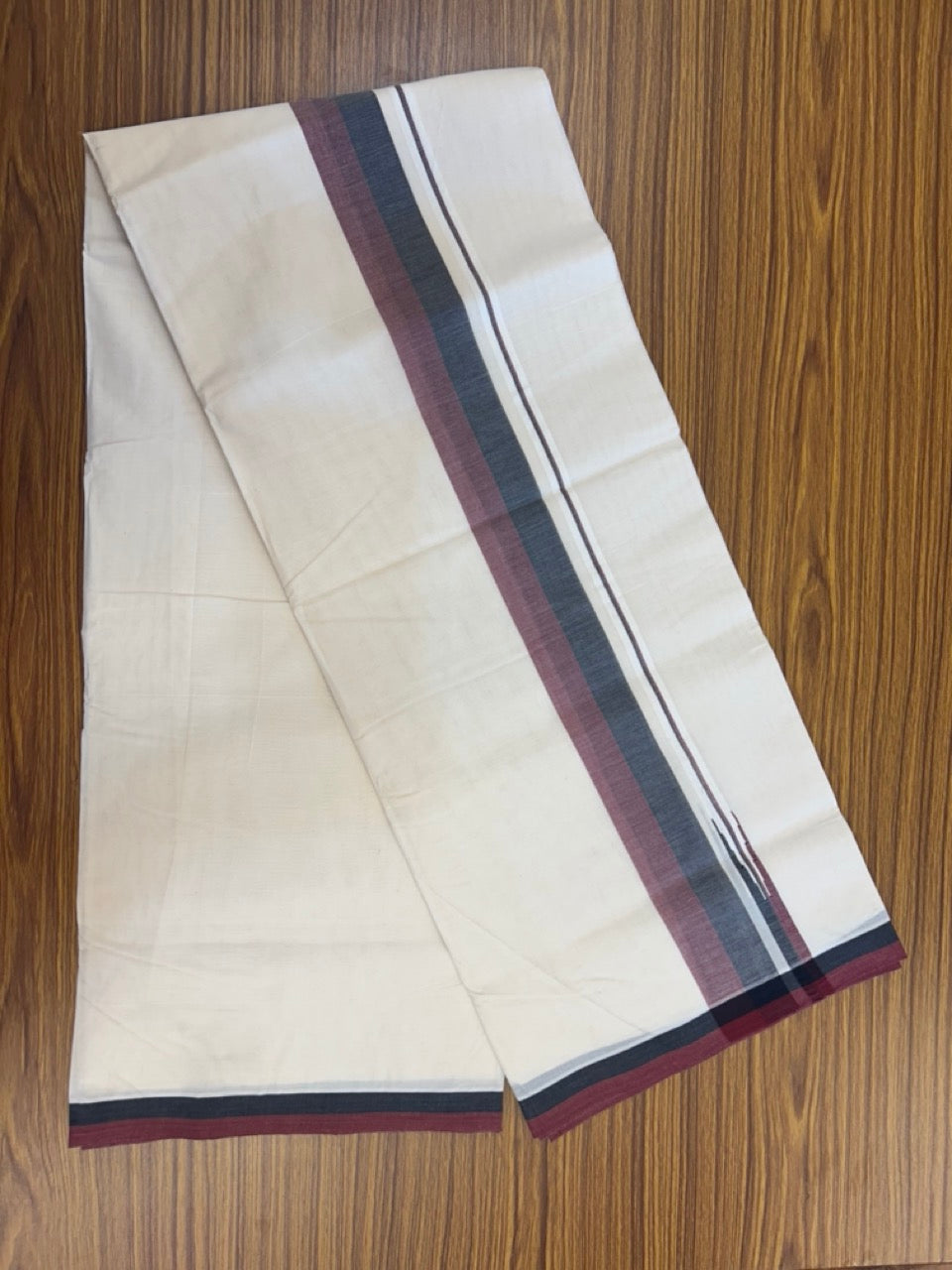 DMK Veshti - 20% DISCOUNT! KaithariKada 100% Cotton off white Double - (Unbleached) Mundu/Dhoti - 100X100 -2 inch Puliyilakkara Black & Maroon Chutty kara - 10 KK5290 ASH
