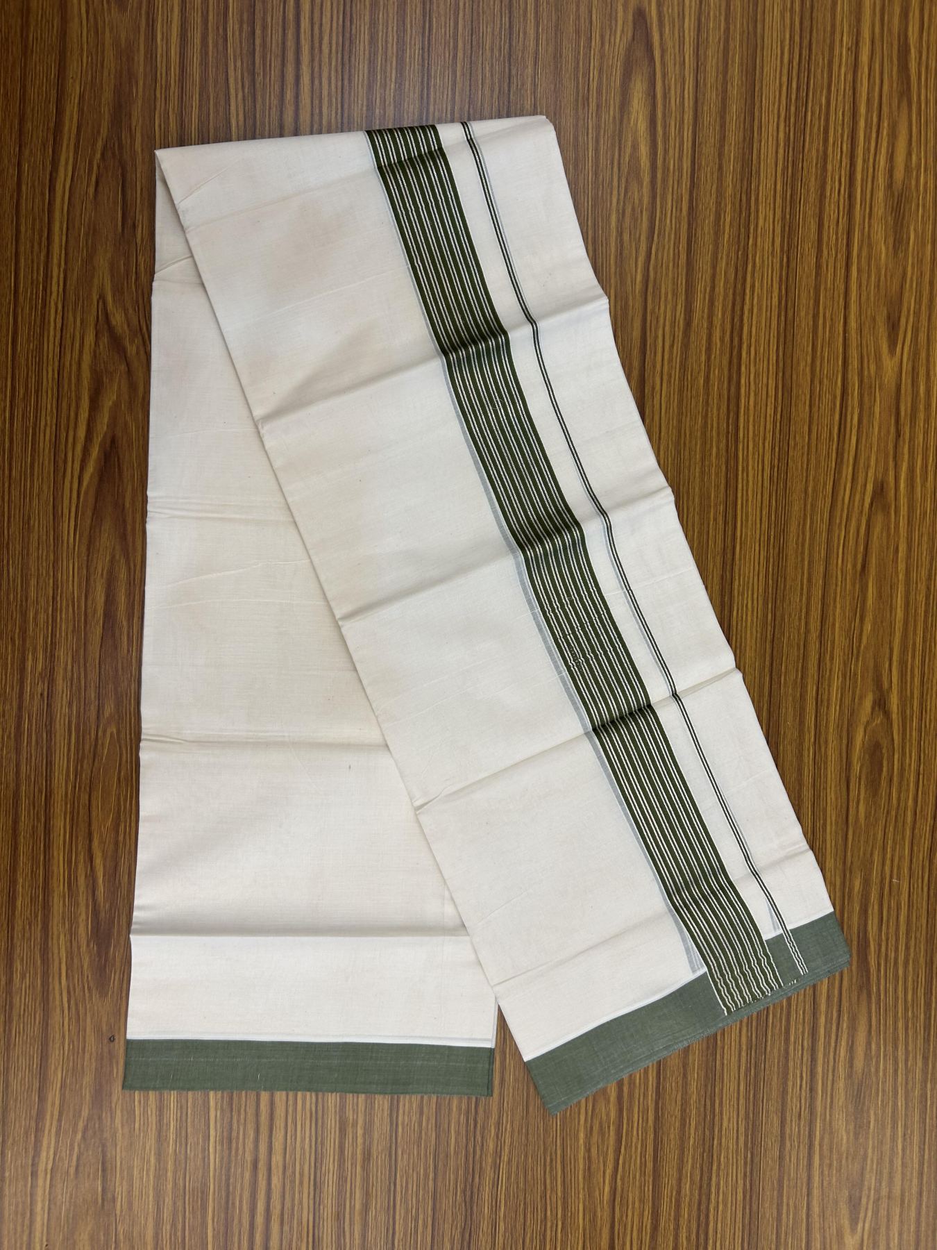 20% Discount! KaithariKada Balaramapuram 100% Cotton Off white Double Mundu/Dhoti - 80s - 1.75 inch Silver Kasav & Olive Green Striped Kara - 4mtr (8.5muzham) - 12 KK5357 VAS