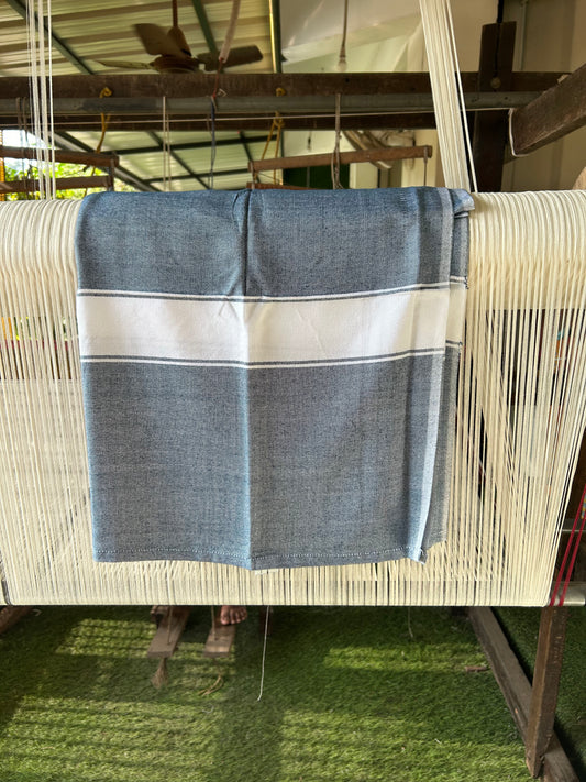 Bamboo Towel - Kaitharikada - 2.75 inch  Pure Bamboo - White Striped Border with Peacock Blue Colour Body - 1.61 X 79 cm - 1 KK51201 MR