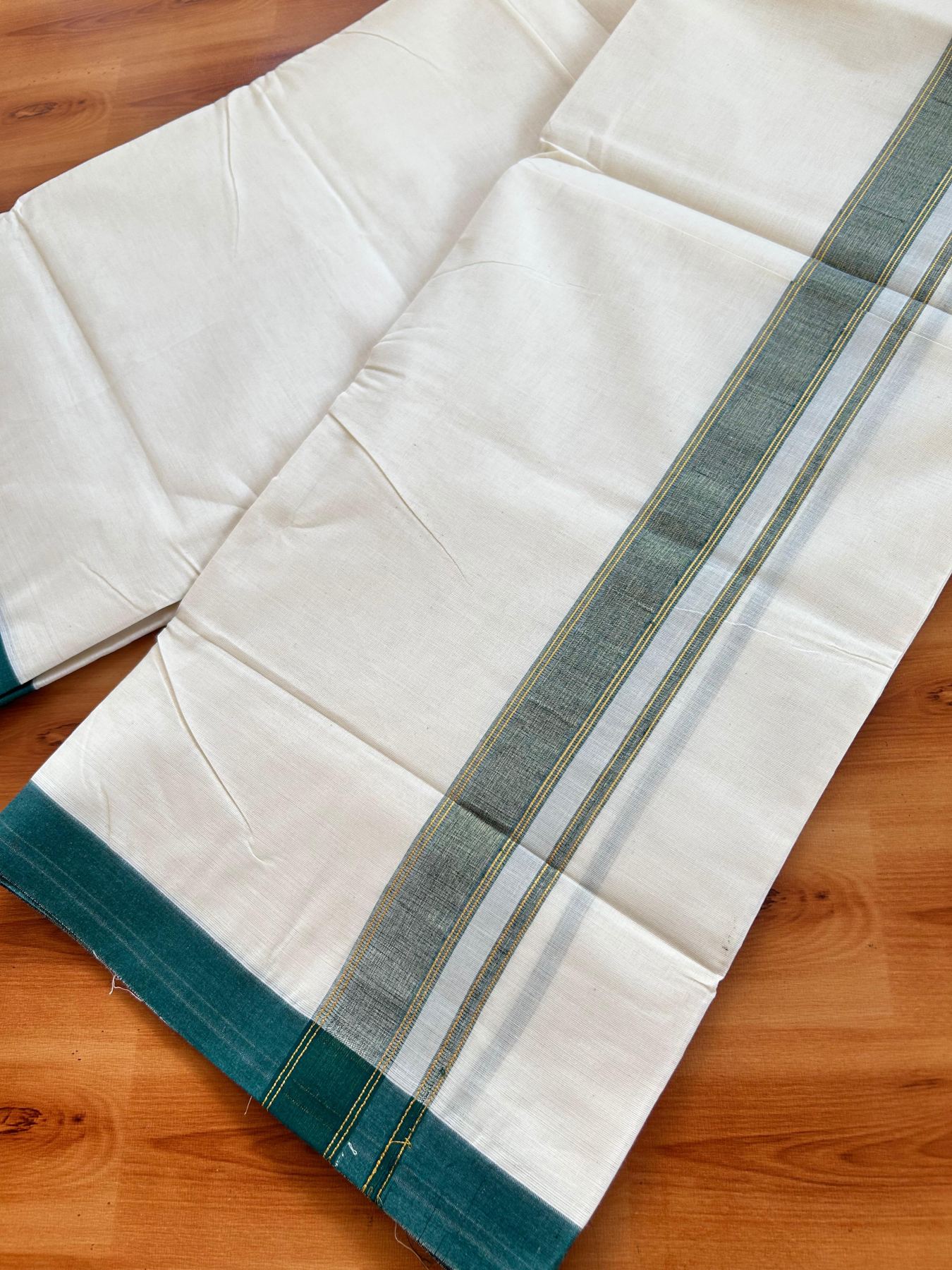 Double Off White (Unbleached) Mundu/Dhoti - 20% Discount! Kaitharikada Pure Cotton - 80x80 - 1.25 Inch Dark Green & Gold Kasav shaded Kara 4 mtr (8.5 muzham) - 21 KK5497 MRH