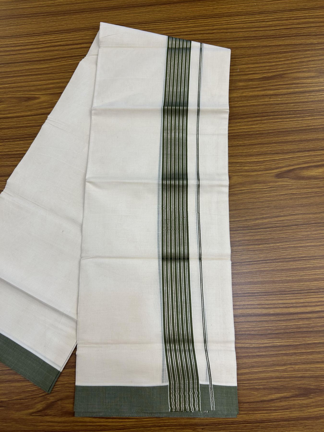20% Discount! KaithariKada Balaramapuram 100% Cotton Off white Double Mundu/Dhoti - 80s - 1.75 inch Silver Kasav & Olive Green Striped Kara - 4mtr (8.5muzham) - 12 KK5357 VAS