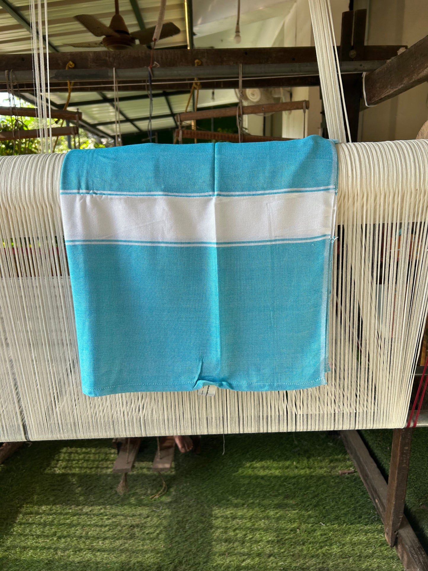 Bamboo Towel - Kaitharikada - 2.75 inch  Pure Bamboo - White Striped Border with Baby Blue Colour Body - 1.61 X 79 cm - 2 KK51201 MR