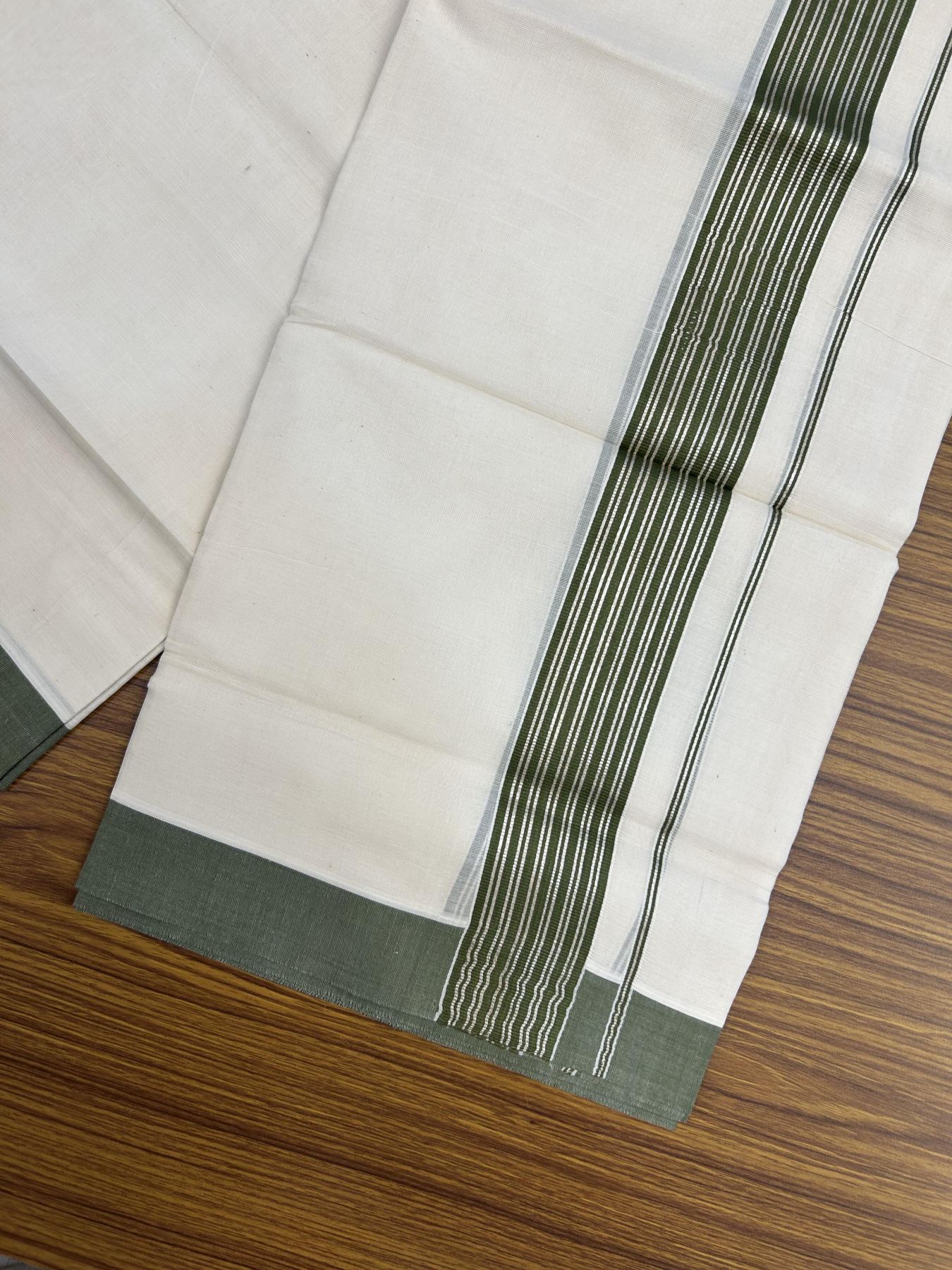 20% Discount! KaithariKada Balaramapuram 100% Cotton Off white Double Mundu/Dhoti - 80s - 1.75 inch Silver Kasav & Olive Green Striped Kara - 4mtr (8.5muzham) - 12 KK5357 VAS