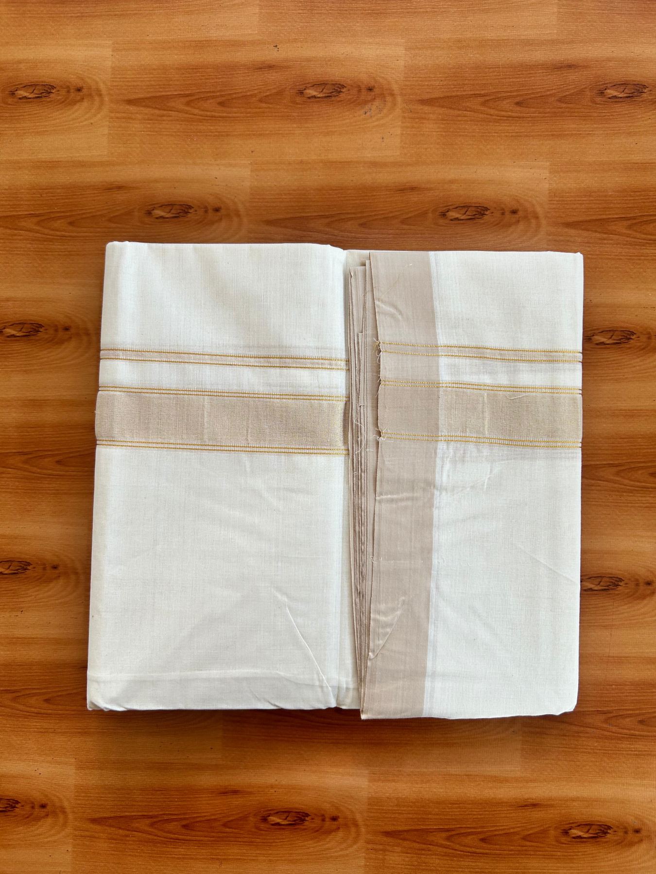Double Off White (Unbleached) Mundu/Dhoti - 20% Discount! Kaitharikada Pure Cotton - 80x80 - 1.25 Inch Cream & Gold Kasav shaded Kara 4 mtr (8.5 muzham) - 22 KK5497 MRH