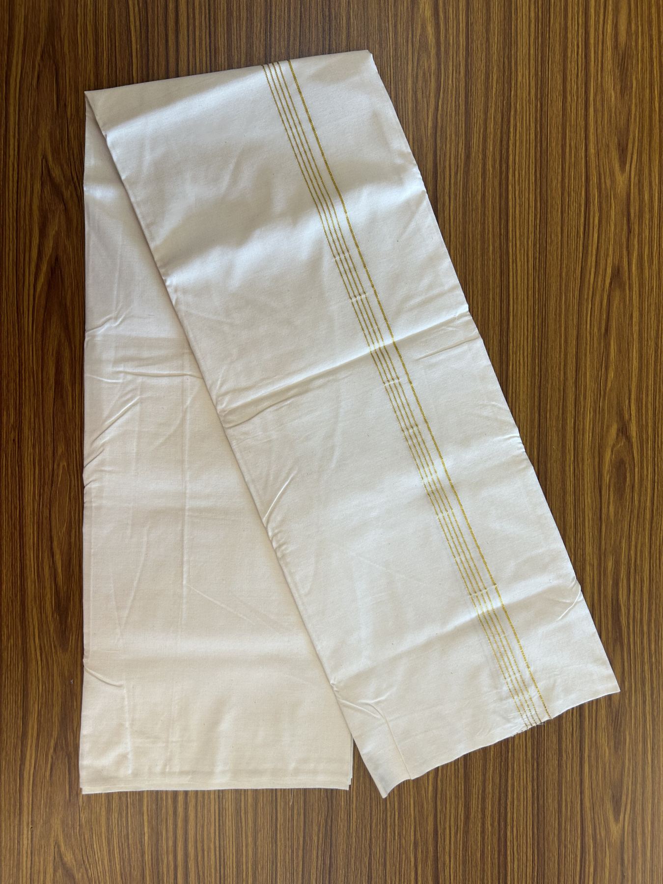 20% Discount! KaithariKada 100% Cotton off white Single - (Unbleached) Mundu/Dhoti Twisted 100s Thread- 0.5 inch Gold Kasav Striped kara - 4 KK5330 ASH