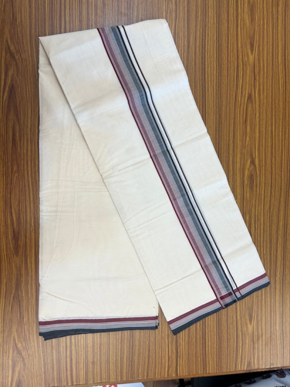 ADMK VESHTI - 20% DISCOUNT! KaithariKada 100% Cotton off white Double - (Unbleached) Mundu/Dhoti - 100X100 - 1.5 inch inch Black Maroon & White Striped kara - 6 KK5290 ASH