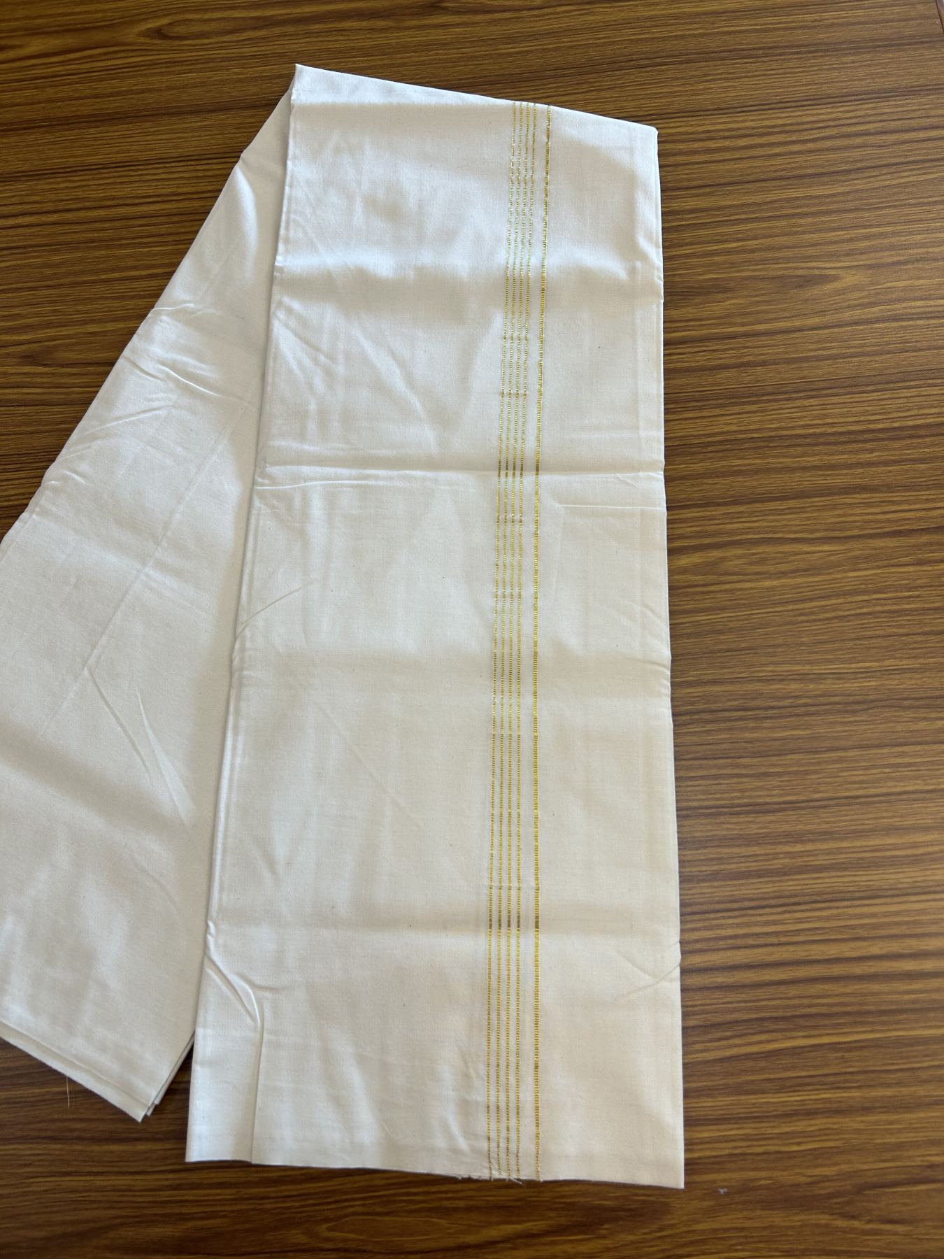 20% Discount! KaithariKada 100% Cotton off white Single - (Unbleached) Mundu/Dhoti Twisted 100s Thread- 0.5 inch Gold Kasav Striped kara - 4 KK5330 ASH