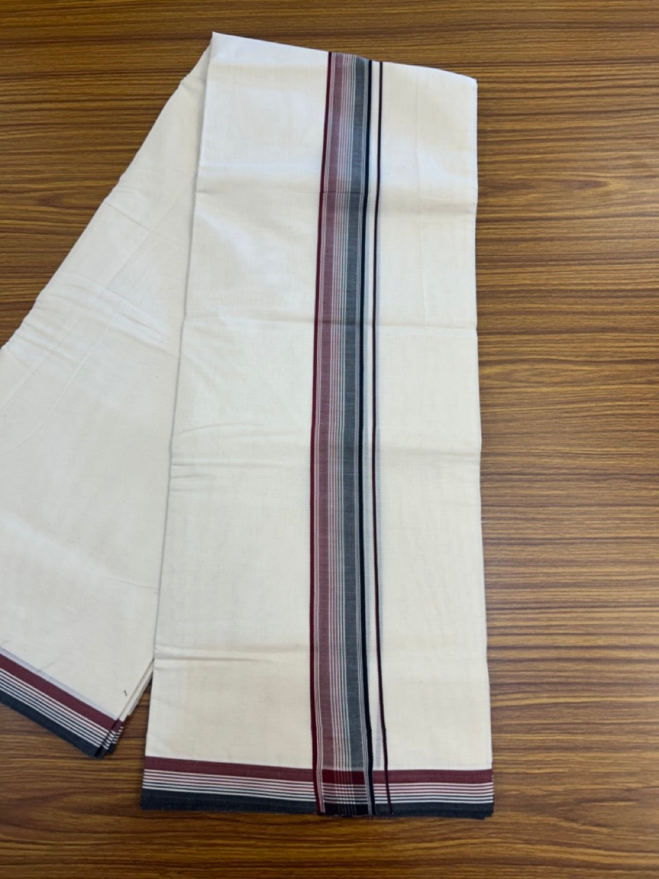 ADMK VESHTI - 20% DISCOUNT! KaithariKada 100% Cotton off white Double - (Unbleached) Mundu/Dhoti - 100X100 - 1.5 inch inch Black Maroon & White Striped kara - 6 KK5290 ASH