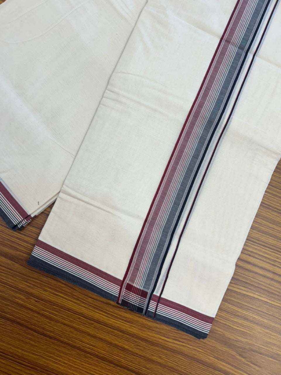 ADMK VESHTI - 20% DISCOUNT! KaithariKada 100% Cotton off white Double - (Unbleached) Mundu/Dhoti - 100X100 - 1.5 inch inch Black Maroon & White Striped kara - 6 KK5290 ASH