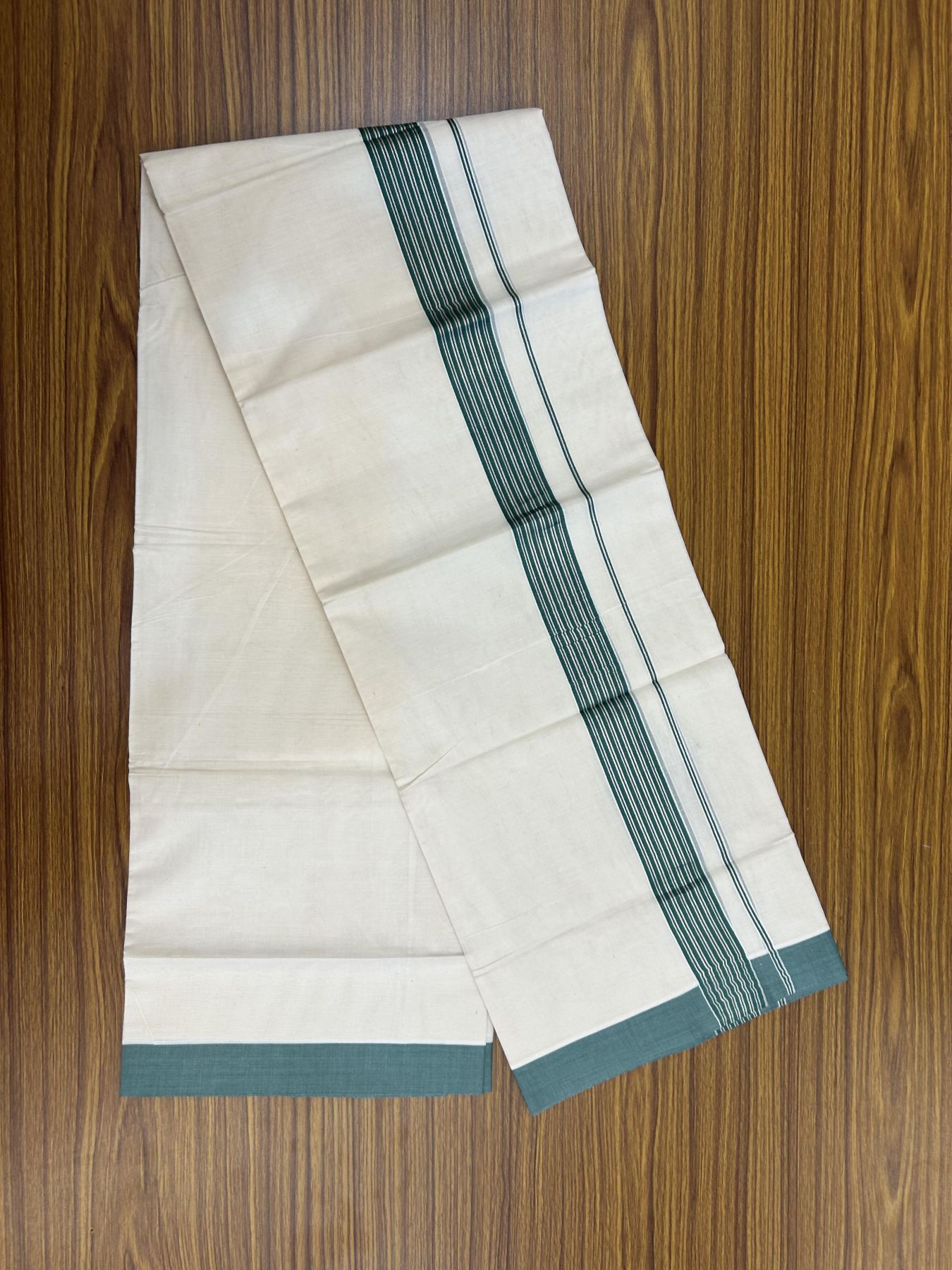 20% Discount! KaithariKada Balaramapuram 100% Cotton Off white Double Mundu/Dhoti - 80s - 1.75 inch Silver Kasav & Teal Striped Kara - 4mtr (8.5muzham) - 15 KK5357 VAS