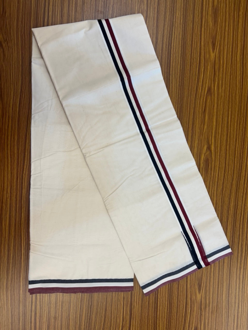 ADMK VESHTI - 20% DISCOUNT! KaithariKada 100% Cotton off white Double - (Unbleached) Mundu/Dhoti - 100X100 - 1.25 inch Black White & Maroon Wings Chutty kara  -  7 KK5290ASH