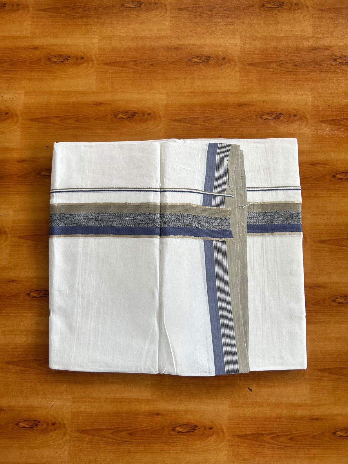 Pure white Double Mundu/Dhoti - 20% Discount !! KaithariKada Pulimood 100% Cotton - 100x80 - 1.5 inch Ash Green, Black & Blue Silver Kasav Shaded Kara 3.85 mtr (8 muzham) - 1 KK5552 VIN