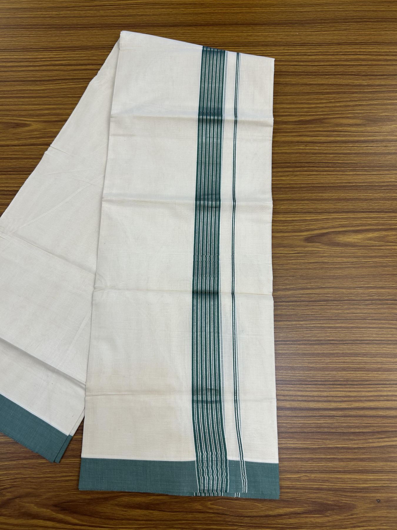 20% Discount! KaithariKada Balaramapuram 100% Cotton Off white Double Mundu/Dhoti - 80s - 1.75 inch Silver Kasav & Teal Striped Kara - 4mtr (8.5muzham) - 15 KK5357 VAS