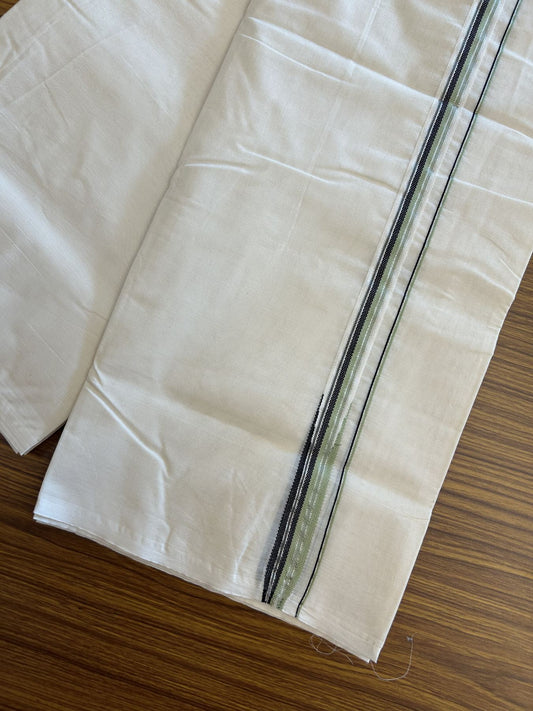20% Discount! KaithariKada 100% Cotton off white Double - (Unbleached) Mundu/Dhoti - 100X100 - 0.75 inch Puliyilakkara Silver Kasav Pista Green & Black Chutty kara - 3 KK5330 ASH