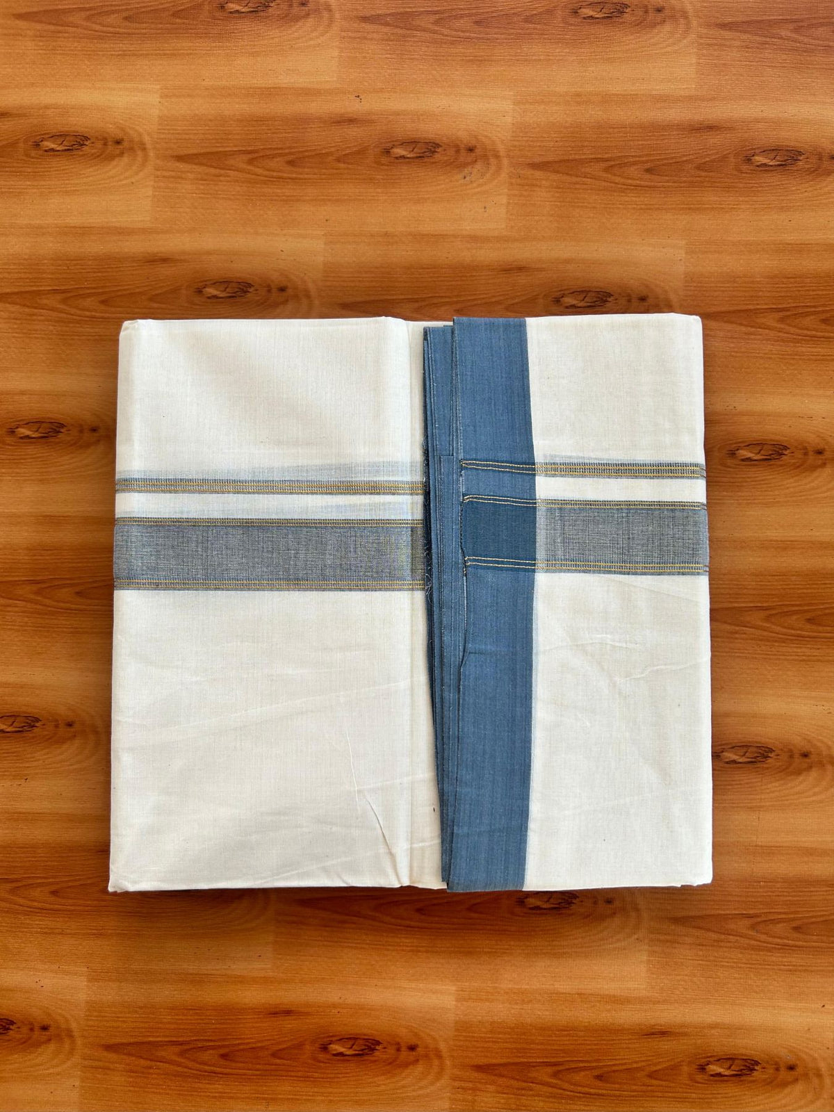 Double Off White (Unbleached) Mundu/Dhoti - 20% Discount! Kaitharikada Pure Cotton - 80x80 - 1.25 Inch Ash Blue & Gold Kasav shaded Kara 4 mtr (8.5 muzham) - 23 KK5497 MRH
