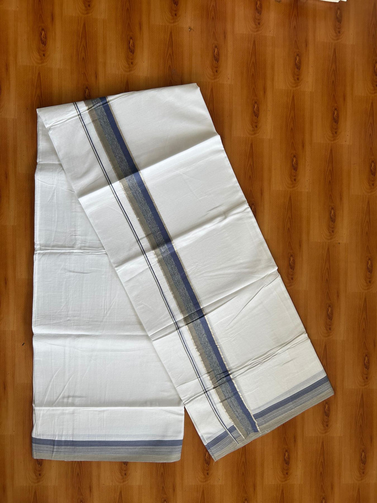 Pure white Double Mundu/Dhoti - 20% Discount !! KaithariKada Pulimood 100% Cotton - 100x80 - 1.5 inch Ash Green, Black & Blue Silver Kasav Shaded Kara 3.85 mtr (8 muzham) - 1 KK5552 VIN