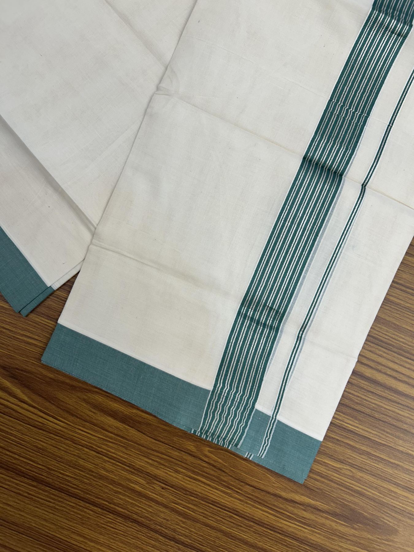 20% Discount! KaithariKada Balaramapuram 100% Cotton Off white Double Mundu/Dhoti - 80s - 1.75 inch Silver Kasav & Teal Striped Kara - 4mtr (8.5muzham) - 15 KK5357 VAS