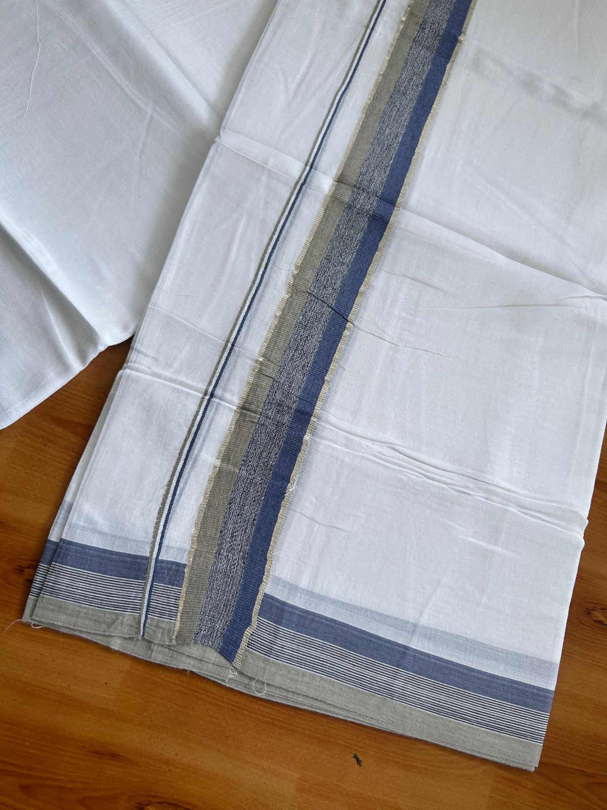 Pure white Double Mundu/Dhoti - 20% Discount !! KaithariKada Pulimood 100% Cotton - 100x80 - 1.5 inch Ash Green, Black & Blue Silver Kasav Shaded Kara 3.85 mtr (8 muzham) - 1 KK5552 VIN