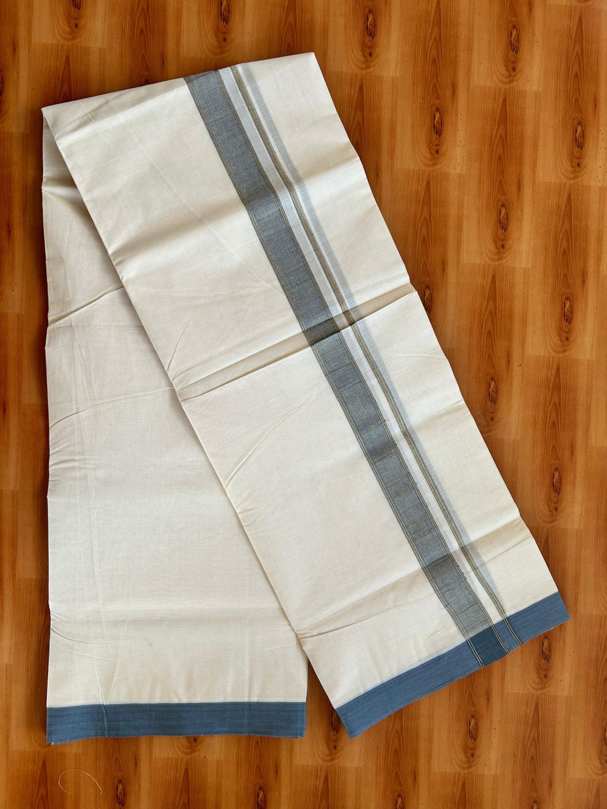 Double Off White (Unbleached) Mundu/Dhoti - 20% Discount! Kaitharikada Pure Cotton - 80x80 - 1.25 Inch Ash Blue & Gold Kasav shaded Kara 4 mtr (8.5 muzham) - 23 KK5497 MRH