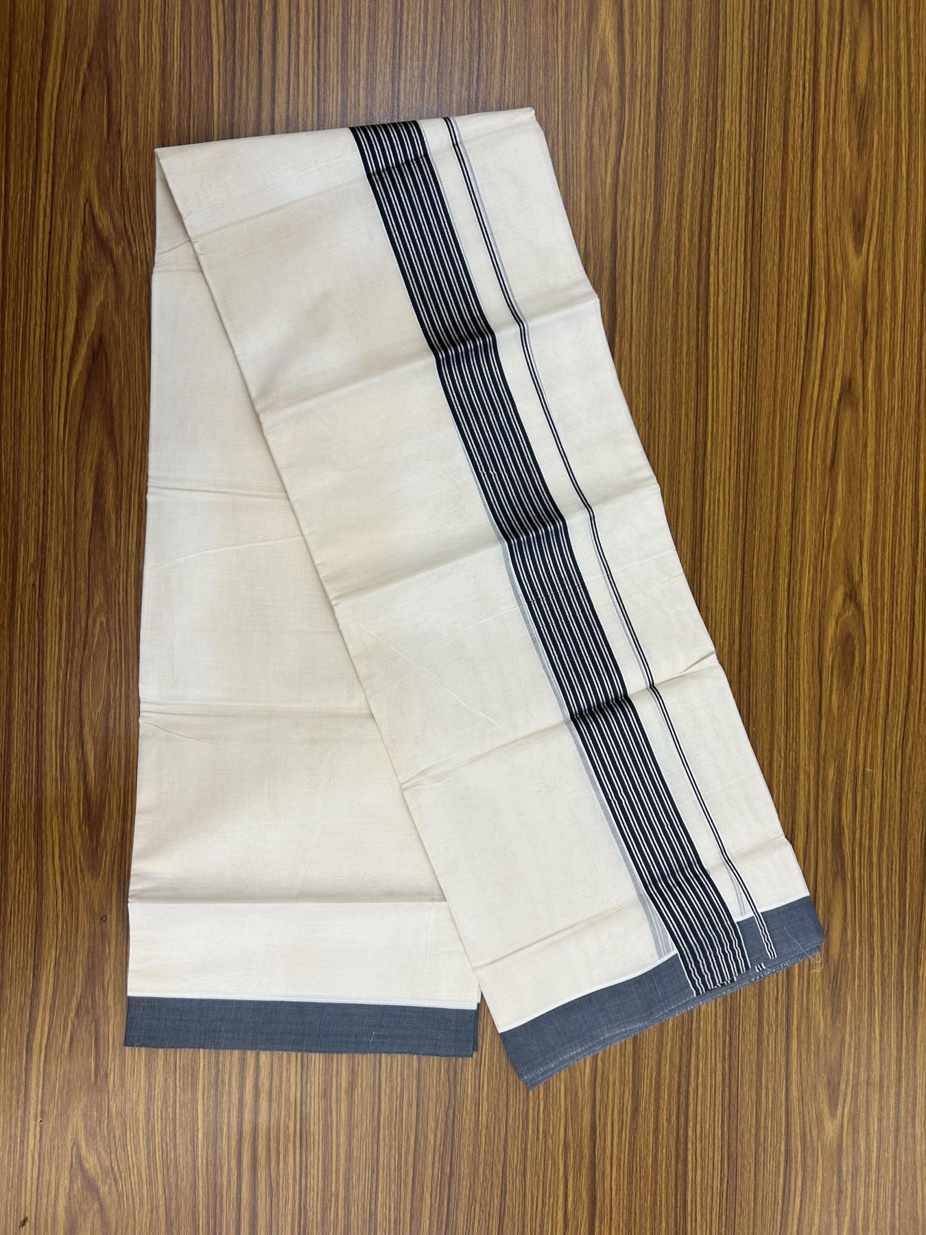 20% Discount! KaithariKada Balaramapuram 100% Cotton Off white Double Mundu/Dhoti - 80s - 1.75 inch Silver Kasav & Dark Blue Grey Striped Kara - 4mtr (8.5muzham) - 16 KK5357 VAS