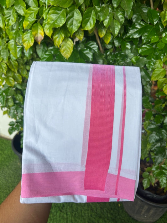 20% Discount!!! KaithariKada Balaramapuram Double PURE WHITE RAINBOW Mundu/Dhoti - 100X80 - 1.75 inch Pink shaded Striped Designer Kara - 22KK5220 THI