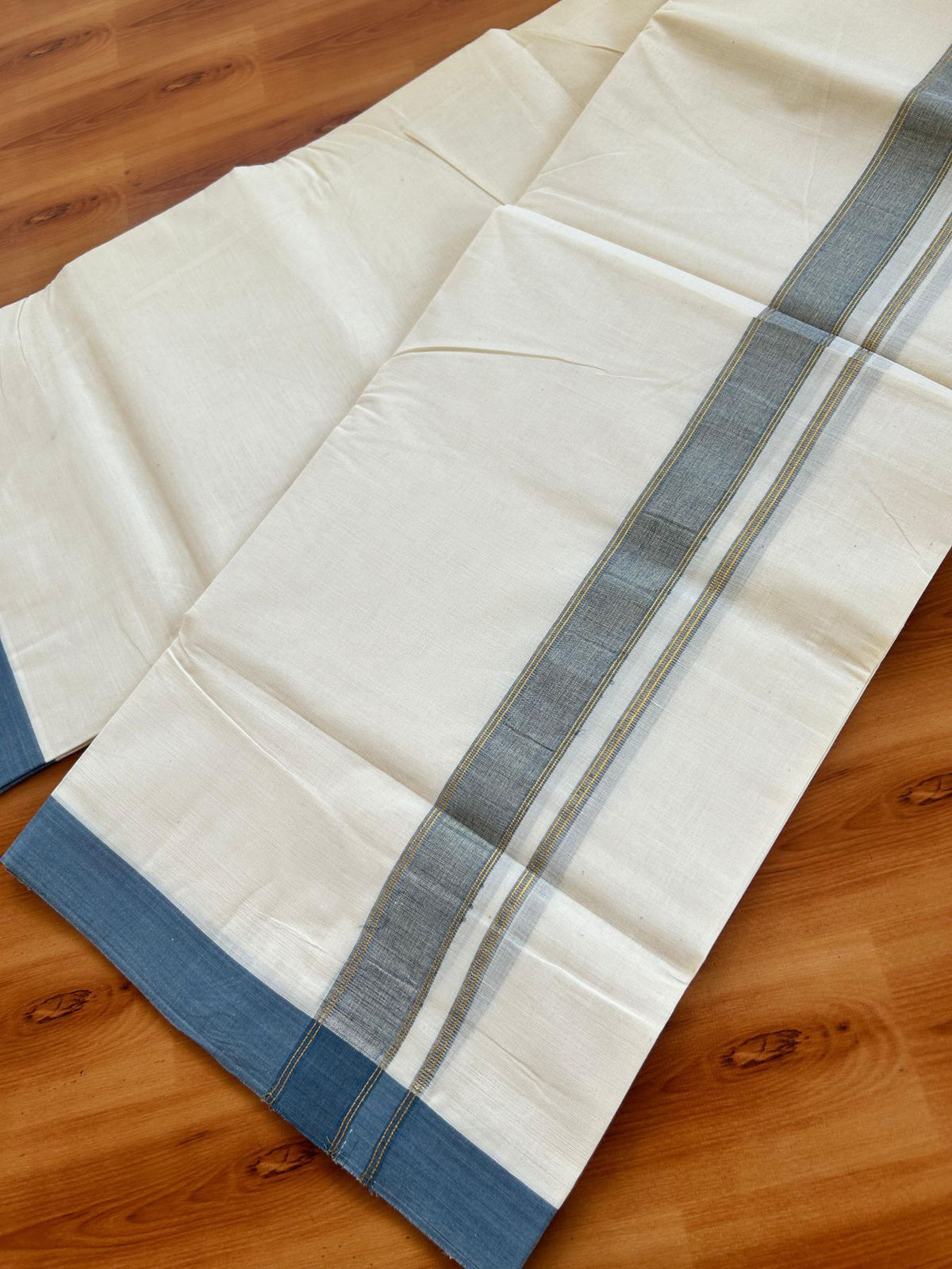 Double Off White (Unbleached) Mundu/Dhoti - 20% Discount! Kaitharikada Pure Cotton - 80x80 - 1.25 Inch Ash Blue & Gold Kasav shaded Kara 4 mtr (8.5 muzham) - 23 KK5497 MRH