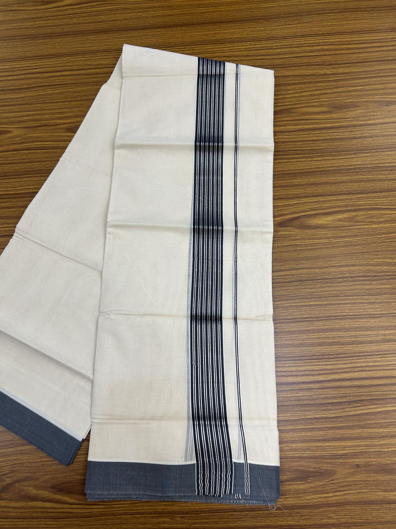 20% Discount! KaithariKada Balaramapuram 100% Cotton Off white Double Mundu/Dhoti - 80s - 1.75 inch Silver Kasav & Dark Blue Grey Striped Kara - 4mtr (8.5muzham) - 16 KK5357 VAS