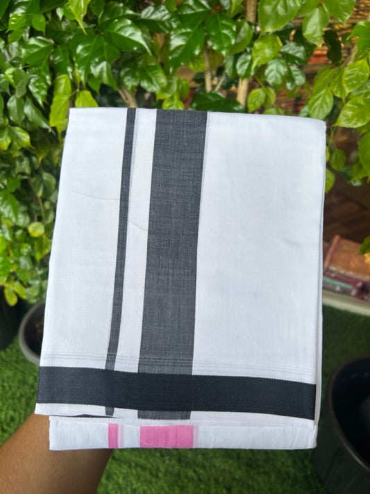 20% Discount!!! KaithariKada Balaramapuram Double PURE WHITE RAINBOW Mundu/Dhoti - 100X80 - 1.5 inch Black & Pink shaded Striped Designer Kara - 21KK5220 THI