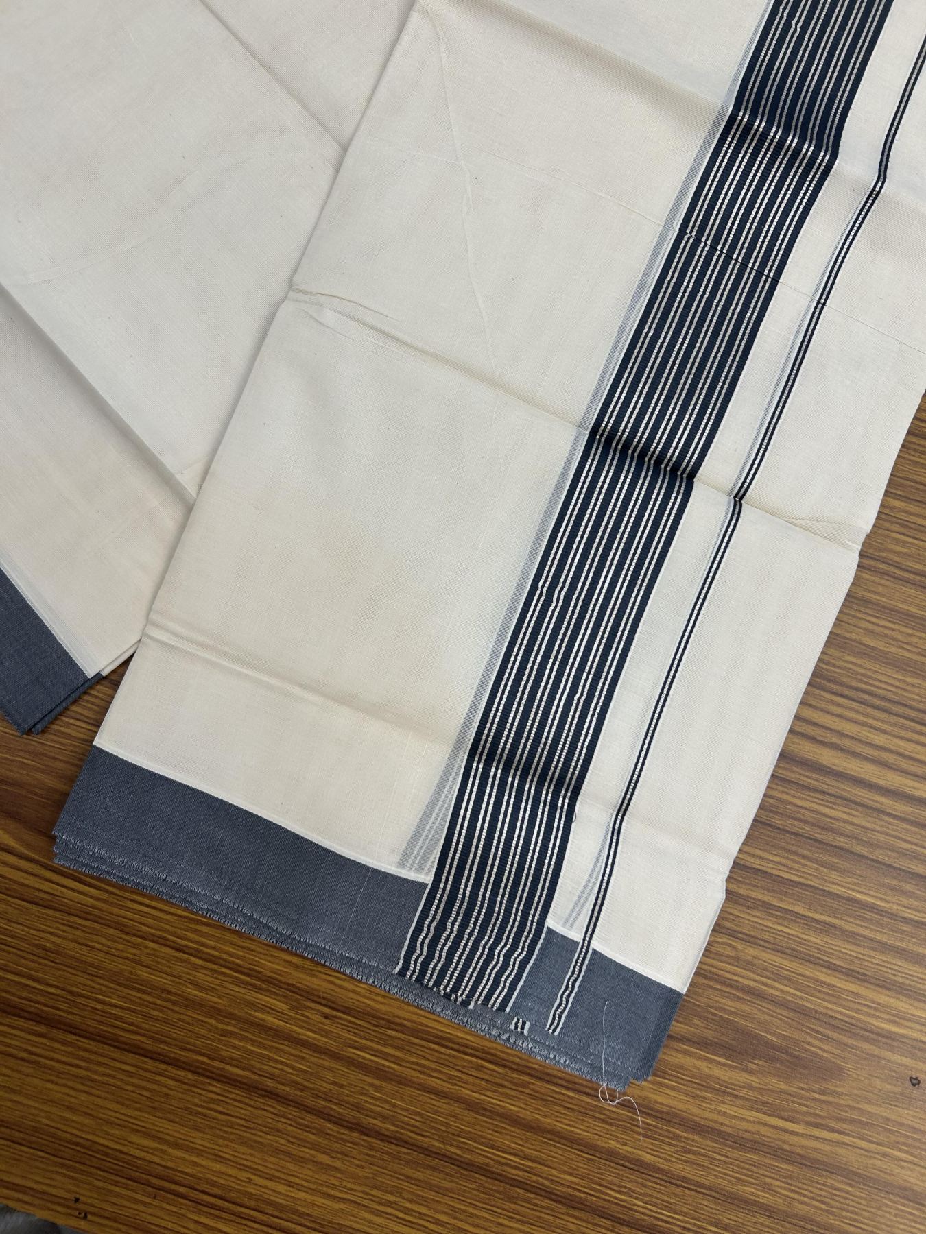 20% Discount! KaithariKada Balaramapuram 100% Cotton Off white Double Mundu/Dhoti - 80s - 1.75 inch Silver Kasav & Dark Blue Grey Striped Kara - 4mtr (8.5muzham) - 16 KK5357 VAS