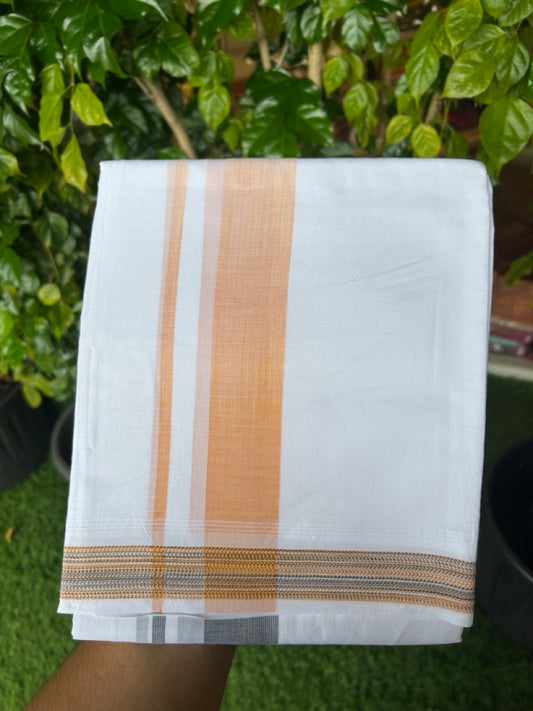 20% Discount!!! KaithariKada Balaramapuram Double PURE WHITE  RAINBOW  Mundu/Dhoti - 100X80 - 1.5 inch Black & Light Orange shaded Striped Designer Kara - 20KK5220 THI