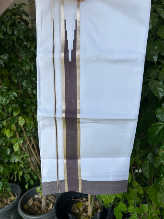 17% Discount!!! KaithariKada Balaramapuram  Double PURE WHITE Mundu/Dhoti - 100X80 - 1.75 inch Brown & Pink Silver Striped Designer HEAVY chutty Kara - 9KK5154THI