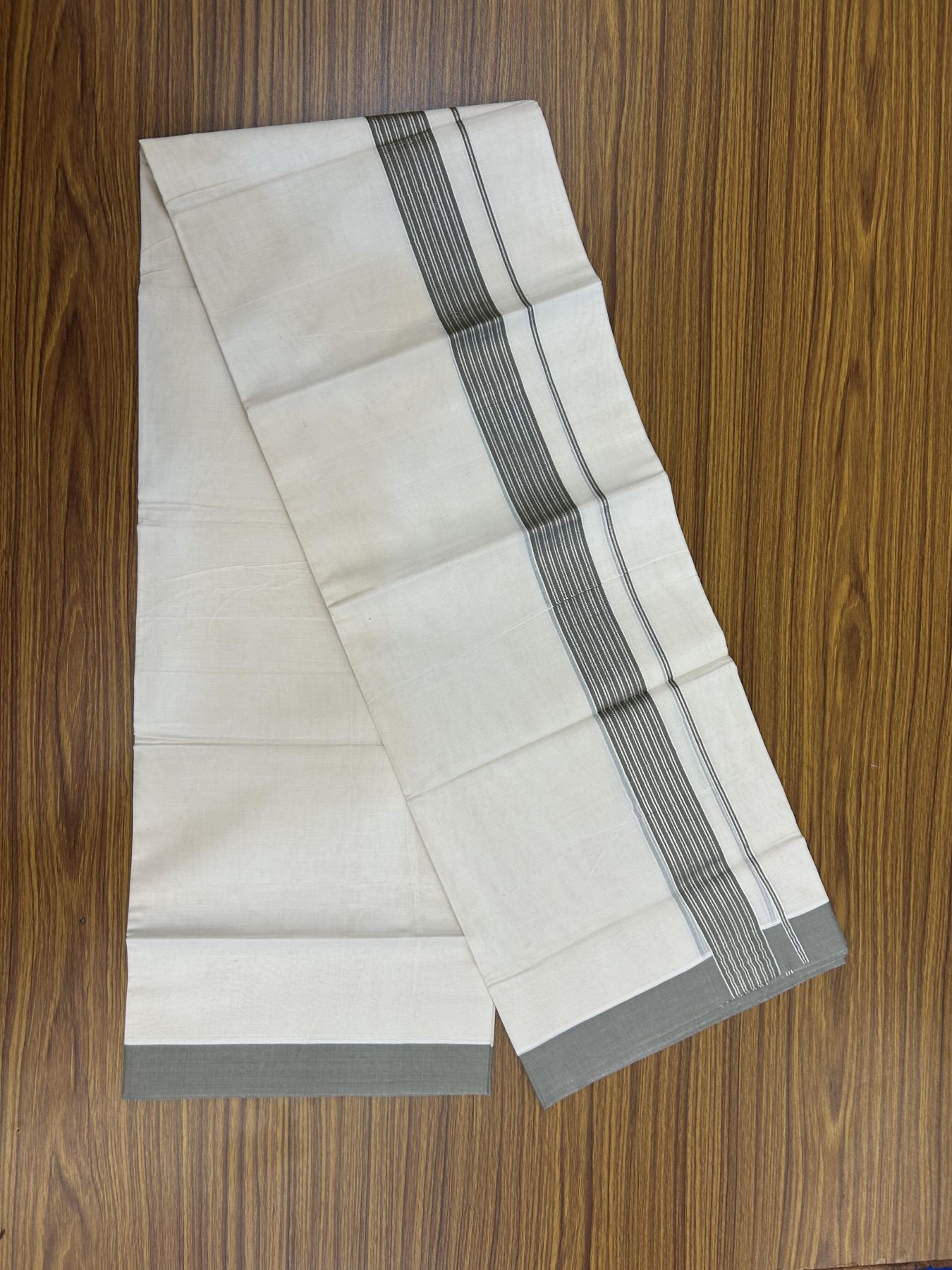 20% Discount! KaithariKada Balaramapuram 100% Cotton Off white Double Mundu/Dhoti - 80s - 1.75 inch Silver Kasav & Ash Grey Striped Kara - 4mtr (8.5muzham) - 17 KK5357 VAS