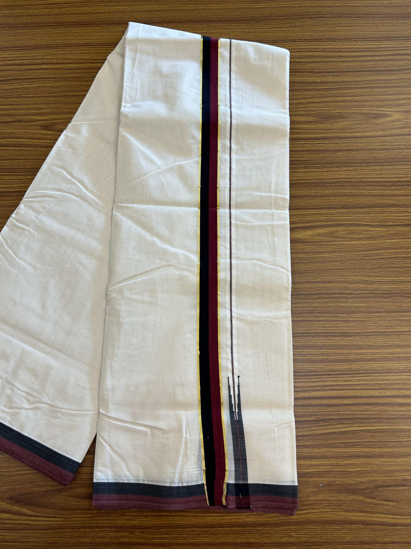 Dmk Veshti - 20% Discount !! KaithariKada Balaramapuram Double Off White - (Unbleached) Mundu/Dhoti - 100X100 - 1 inch Puliyilakkara Kasav Maroon & Black Chutty Kara 4 meters (8.5 Muzham) -  1 KK5330 ASH